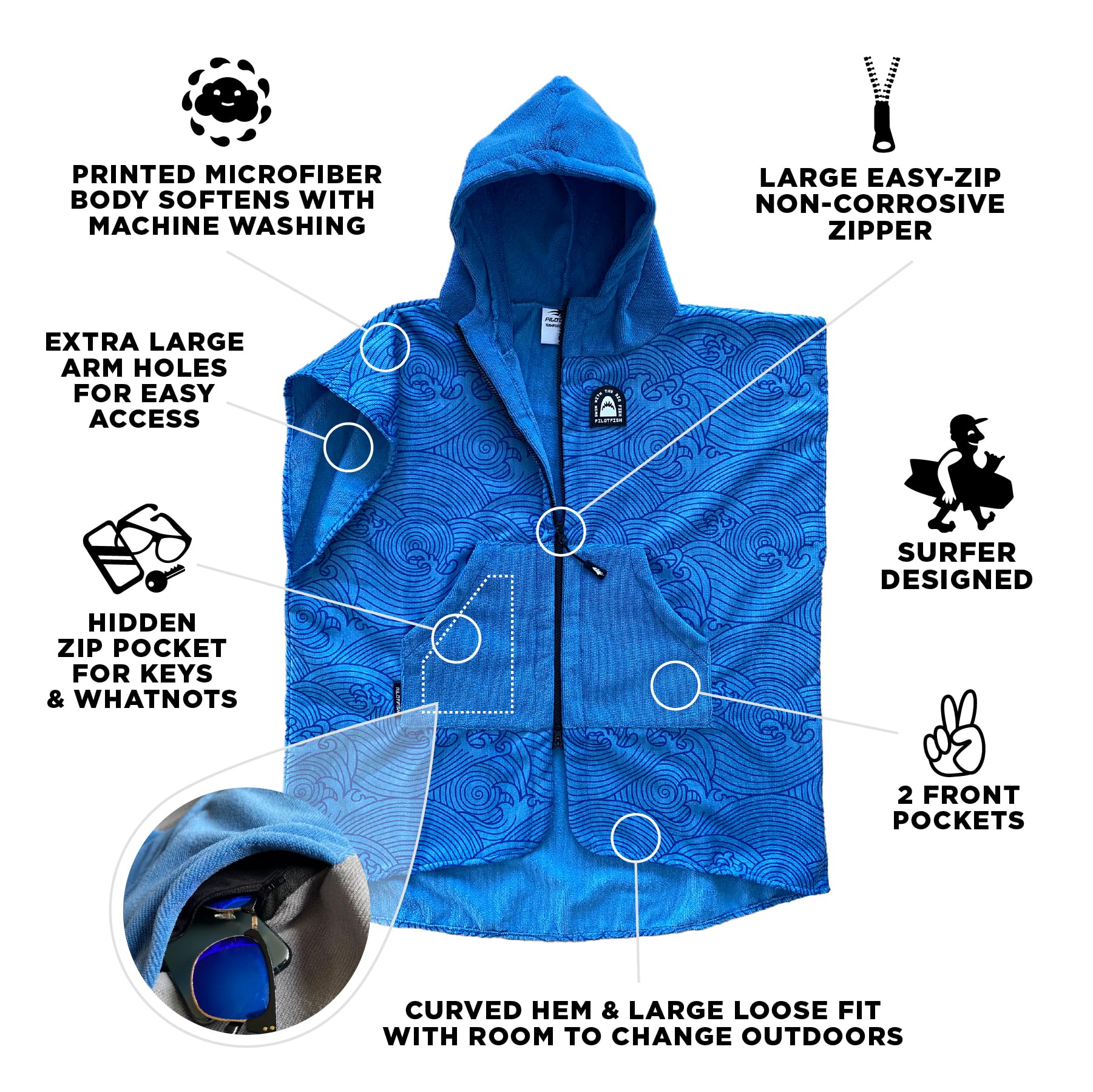 Pilotfish Accappatoio ultra assorbente da surf con cappuccio, morbido, ad asciugatura rapida, in microfibra, con tasca, unisex, per surf, nuoto, piscina, uomo/donna, grande