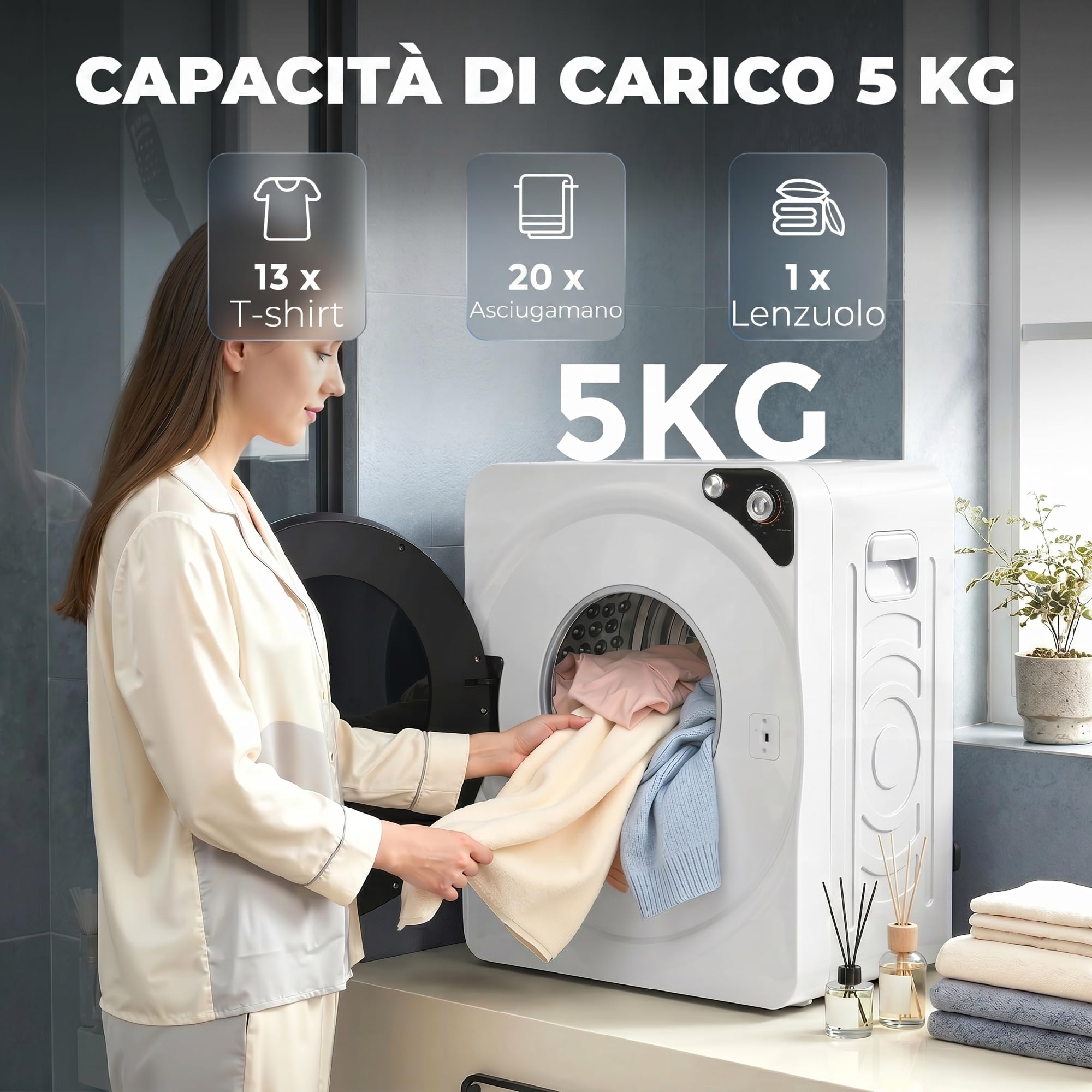 HOMCOM Mini Asciugatrice Portatile 5 kg, 5 Programmi, 1000W Asciugatrice Compatta, Carica Frontale, Fino 60℃, Impilabile/Autoportante, Timer, Tamburo in Acciaio Inox, per Casa, Bianco