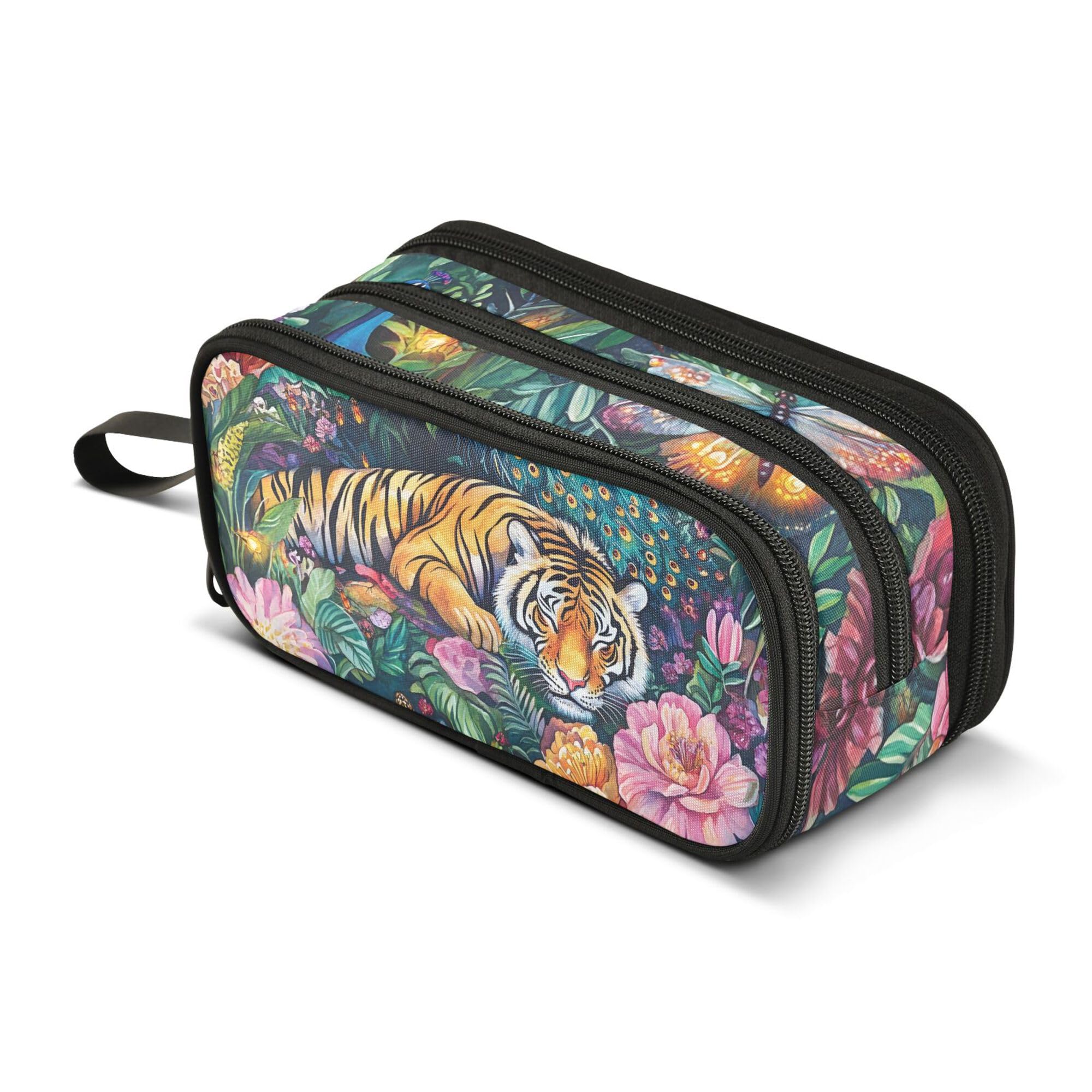Large Pencil Case, Big Capacity Pencil Bag Pen Pouch Holder 3 Compartments, Tiger Flowers School Office Supplies Stationery Makeup Bag Storage Organizer for Students Girls Boys Women Men — image 1