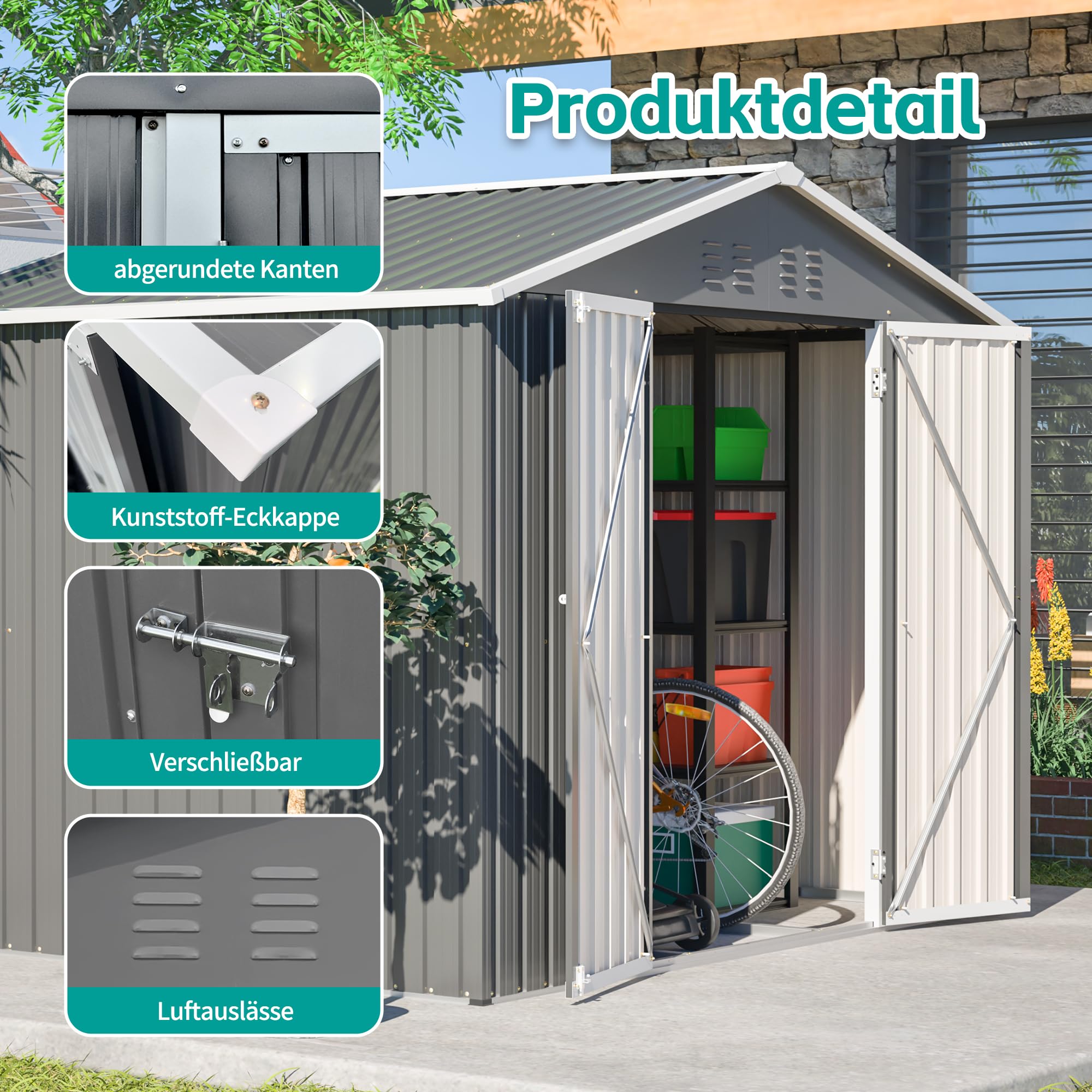 Metall Gerätehaus, Outdoor Gartenhaus mit Satteldach Belüftung,XXL | Für GartenGeräteschuppen mit Satteldach & 2 Türen, Gartenmöbel Wetterfest Wasserdicht für Terrasse, 240x192x191 cm, Grau