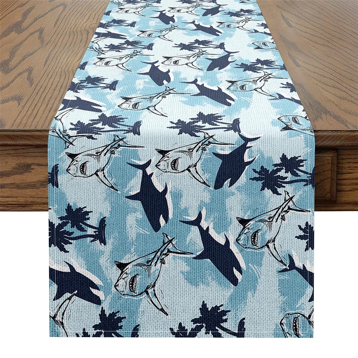 Erosebridal Shark Dresser Runners Cartoon Shark Rectangular Runner Hand Drawn Table Runner Hawaii Tropical Coconut Tree Table Runners for Kids Boys