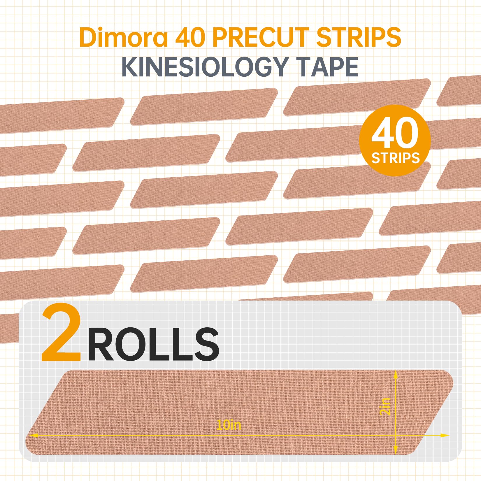 Dimora Kinesiologisches Tape, 40 vorgeschnittene Streifen, 2 Rollen, Original-Baumwolle, elastisches Sportband, 25 cm, zur Linderung von Muskelschmerzen und zur Unterstützung der Gelenke, Beige