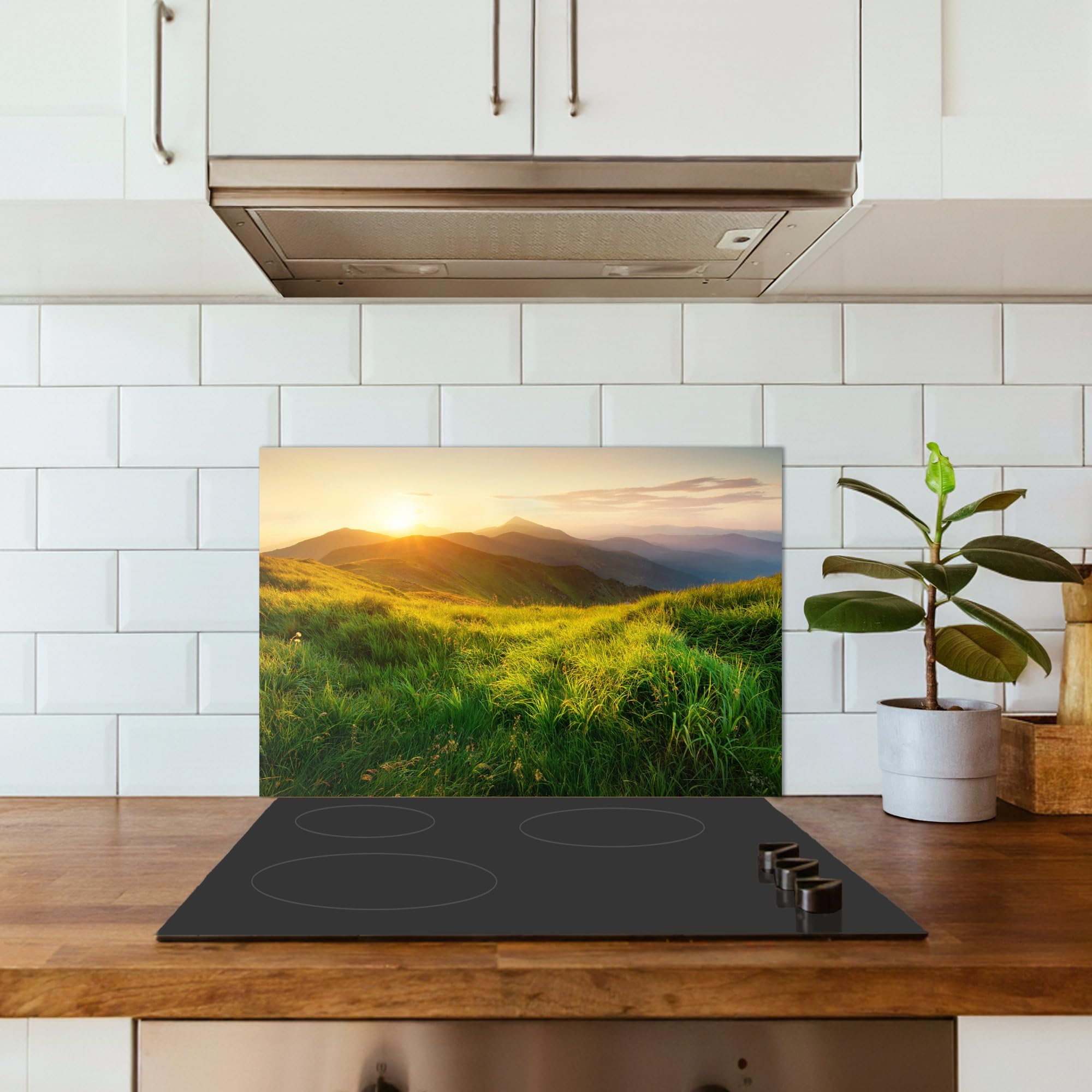 KitchenYeah© Credence Adhesive Pour Cuisine 40x60 cm Panneau Mural Adhesif Fond De Hotte Plaque Pvc Murale Peel And Stick Protege Mur Herbe - Collines - Soleil - Nature - Paysage