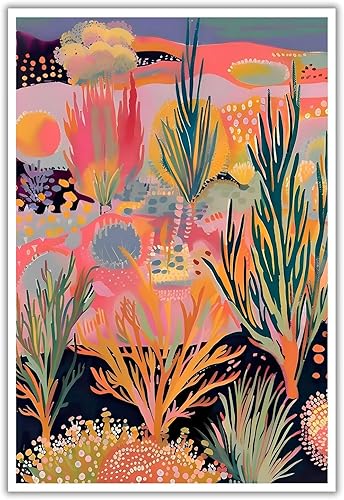 Western Midcentury - Póster de lienzo botánico moderno y colorido abstracto de puesta de sol, impresiones retro, maximalista, pintura estética,