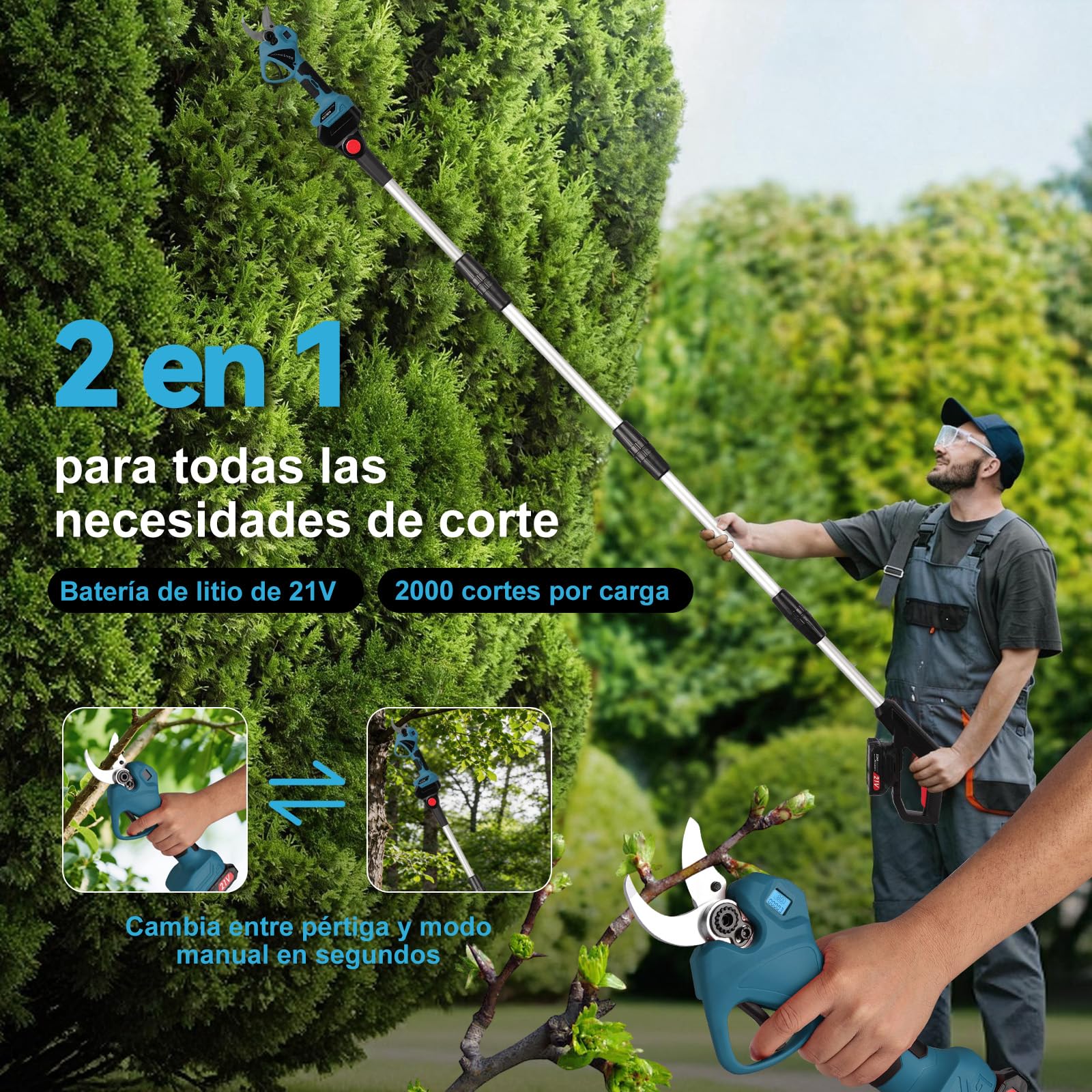 Tijeras de Podar Eléctricas, 40mm 2 Baterías 21V 2.0Ah con Palo Telescópico 244cm y Tijeras de Podar Batería para Ramas Altas y Jardín