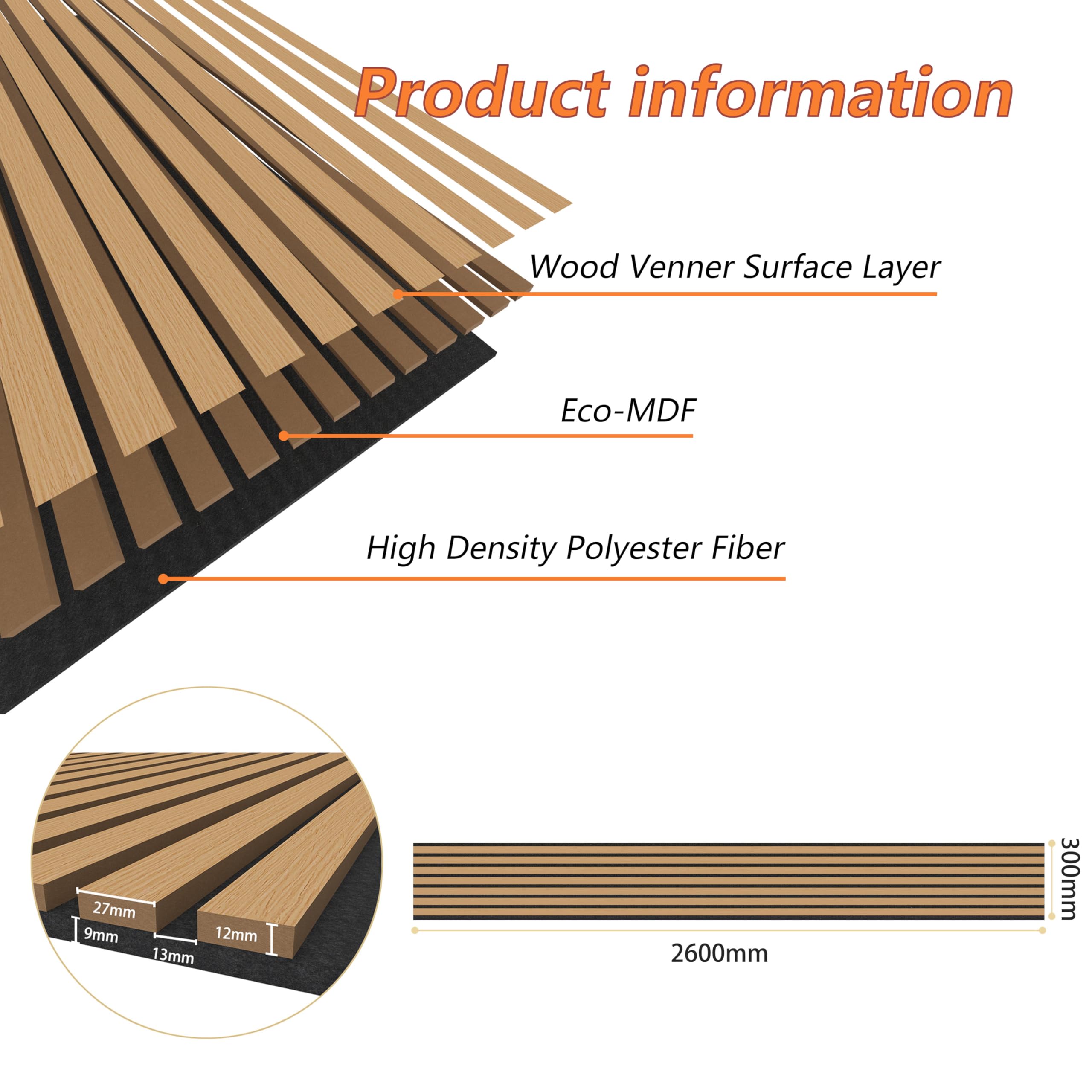 Lot de 2 - 260×30cm panneaux muraux acoustiques MDF Chêne foncé | Panneau acoustique mural pour studios, salons, bureau, comptoir - Fond feutrine noir