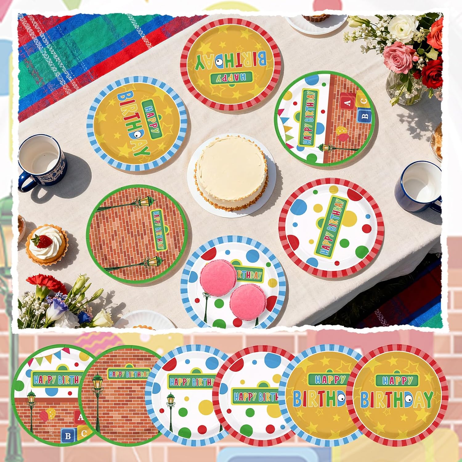 60 Pcs Friend Street Birthday Paper Plates - 7" Red Brick Wall Dessert Paper Plates Disposable Cartoon Street Theme Platters for Boys Girls Birthday Baby Shower Party Supplies