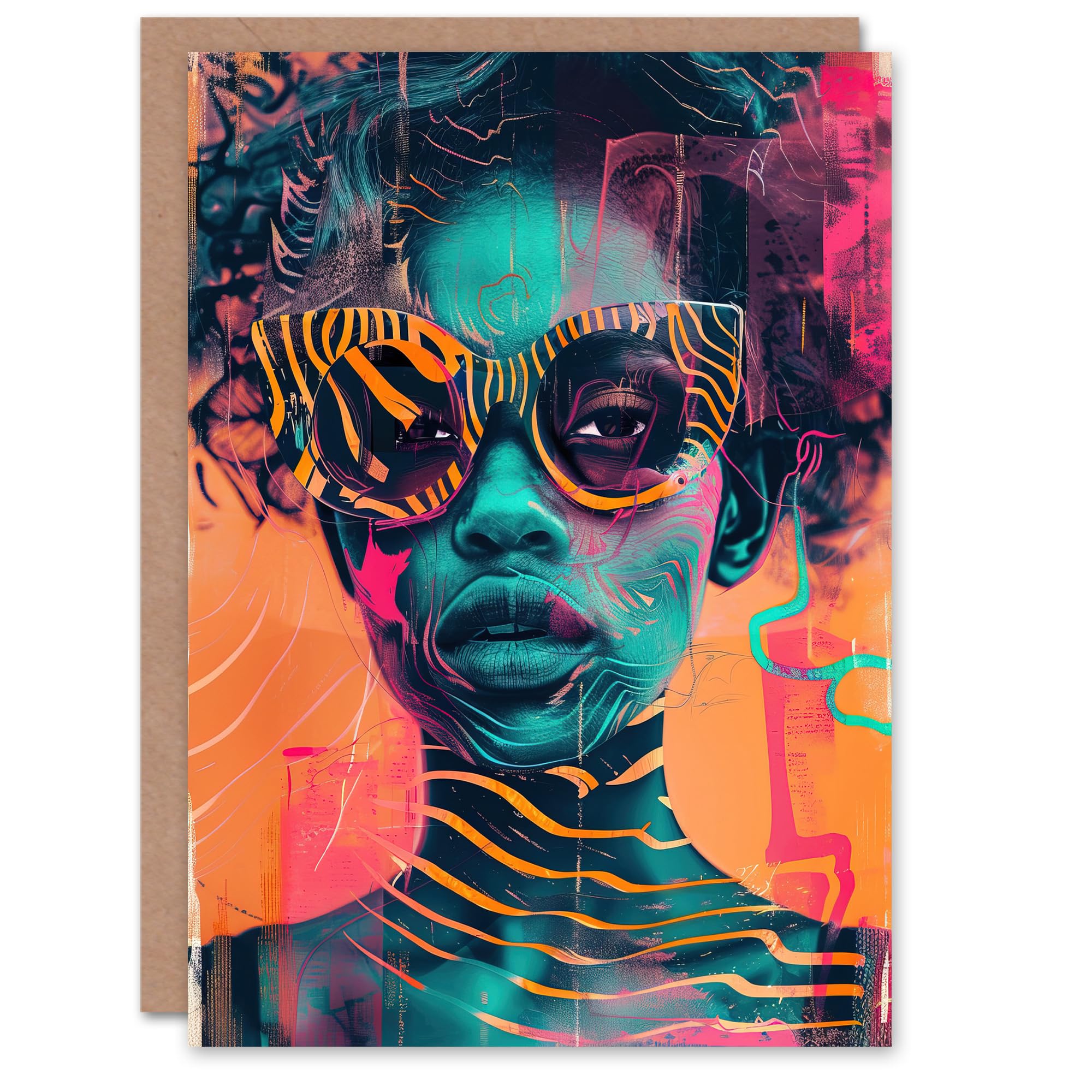 Artery8 Greeting Card Indie Culture Vibrant Conceptual Art Portrait Blank For Him Or Her Art Birthday Card