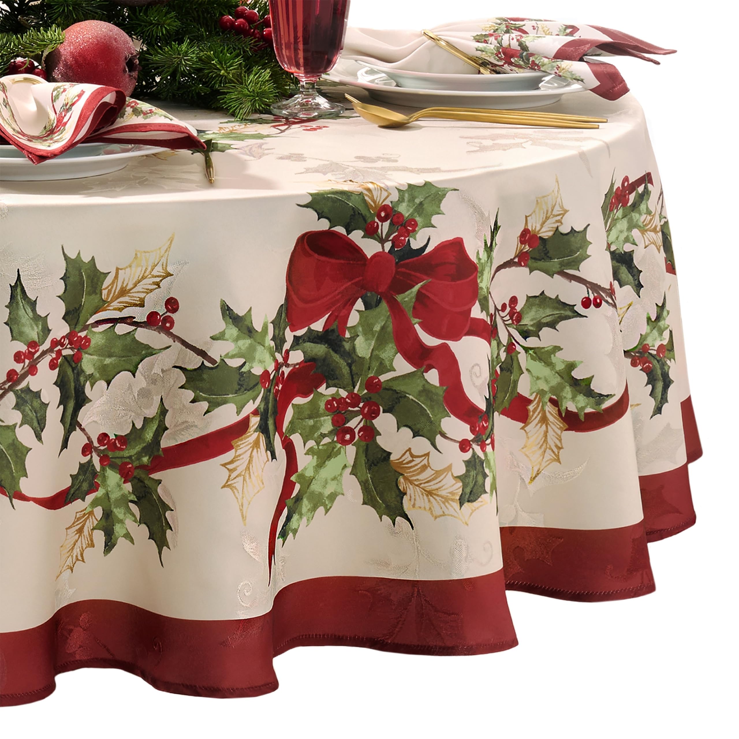 Elrene Winter Bows & Garland Home Fashions Villeroy & Boch Christmas/Holiday Tablecloth, 60"X84" Oval