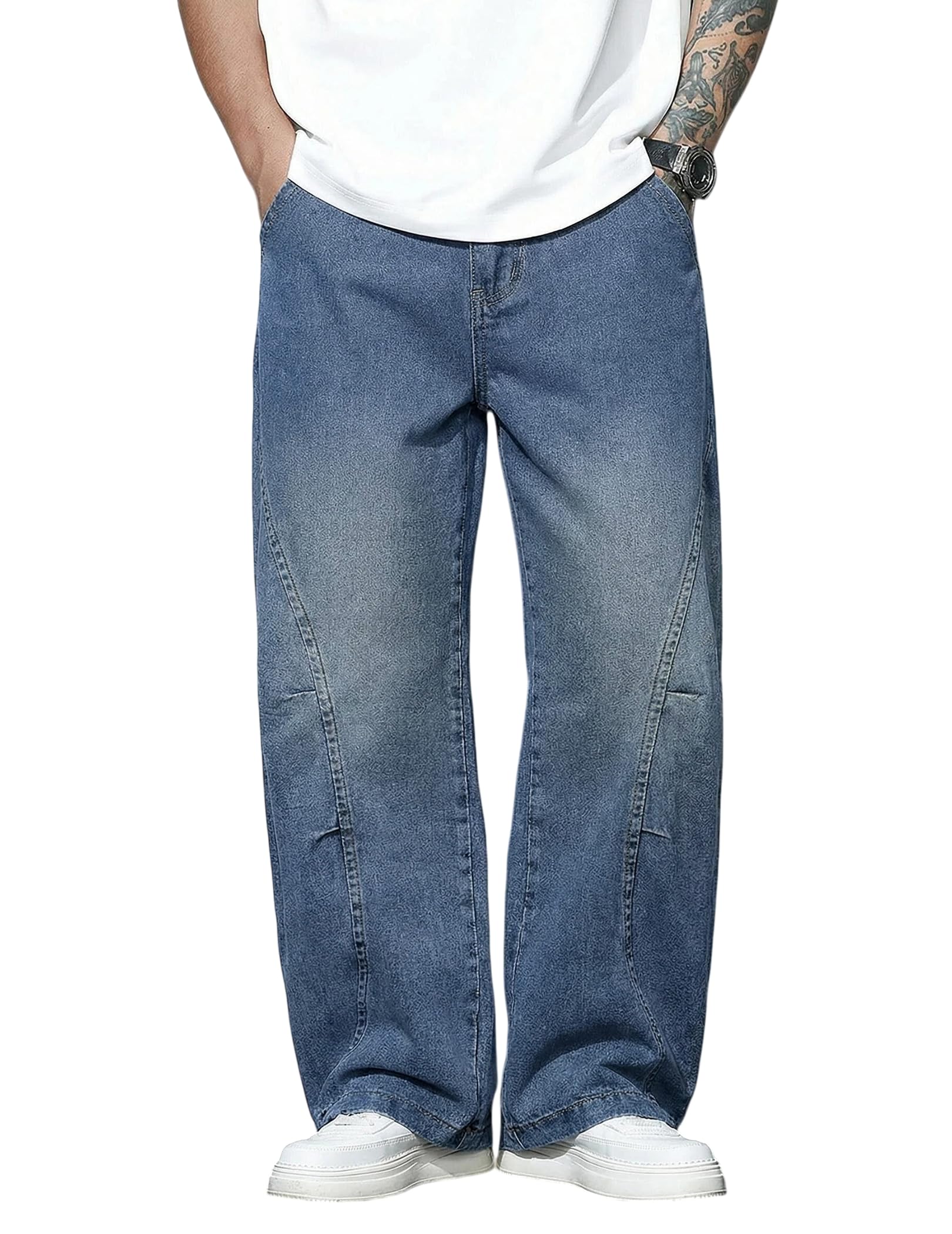 Mens Baggy Jeans Wide Leg Hip Hop Pants Irregular Sutures Loose Fit Trousers Streetwear