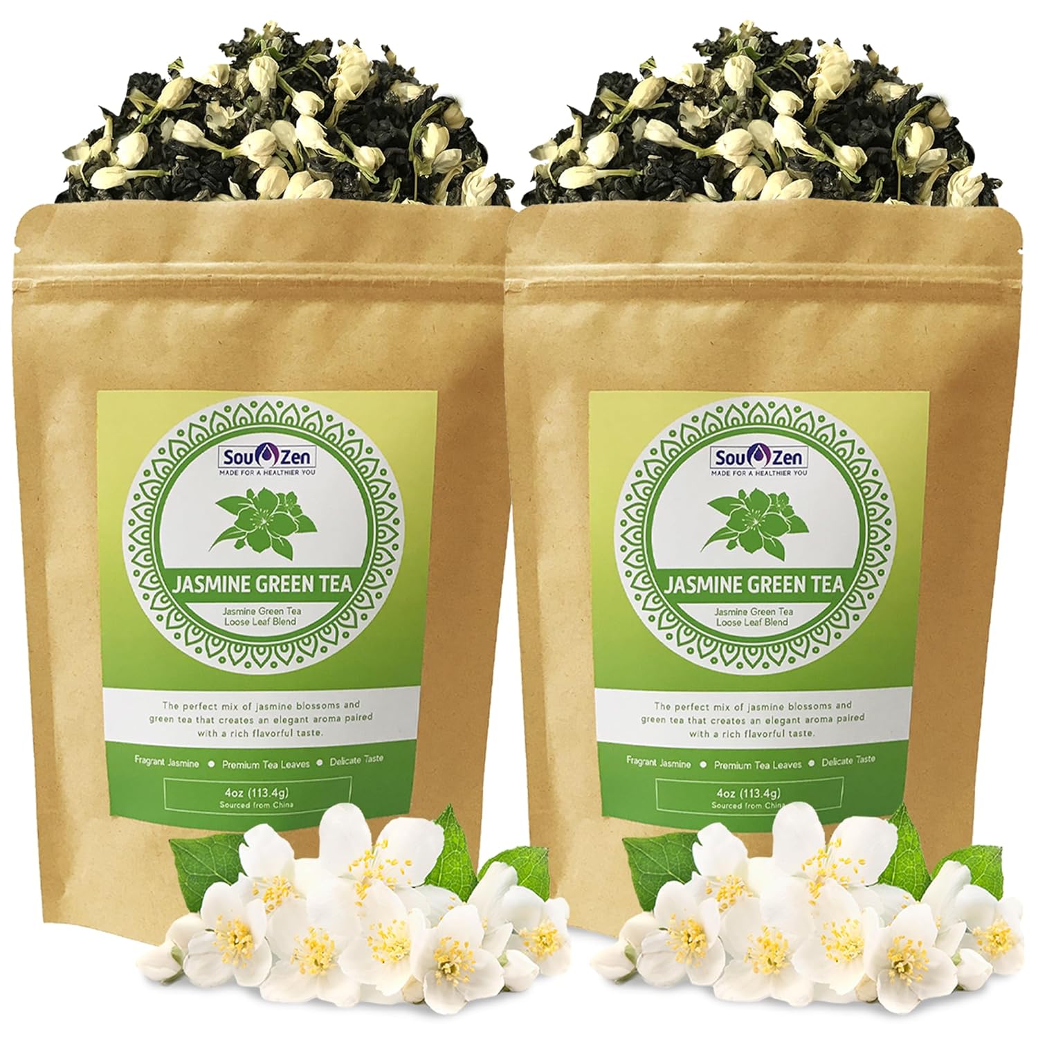 Sou Zen Jasmine Green Tea Loose Leaf Blend 4oz (113g) | Premium Quality Tea Leaves and Flowers | Raw with Naturally Organic Antioxidants | Relaxing and Revitalizing Tea with No Additives (Pack of 2)