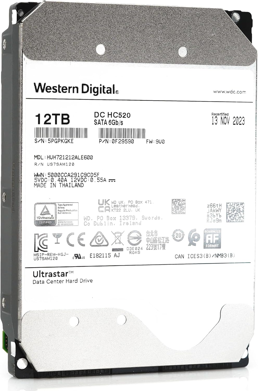 Western Digital Ultrastar DC HC520 12TB SATA 6Gb/s 3.5-Inch Data Center HDD - HUH721212ALE600 0F29590 (Renewed)