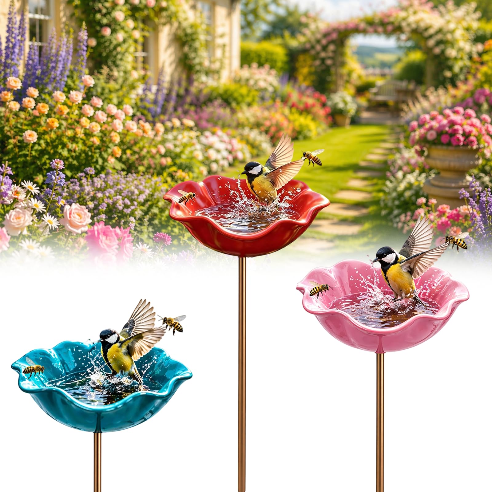 Handmade Metal Flower Garden Stake Bird Bath Bowl - Weather-Resistant Bee Watering Station & Flower Bird Feeder, Decorative Outdoor Metal Flowers for Yard Lawn Patio Decor (3Pcs-E)