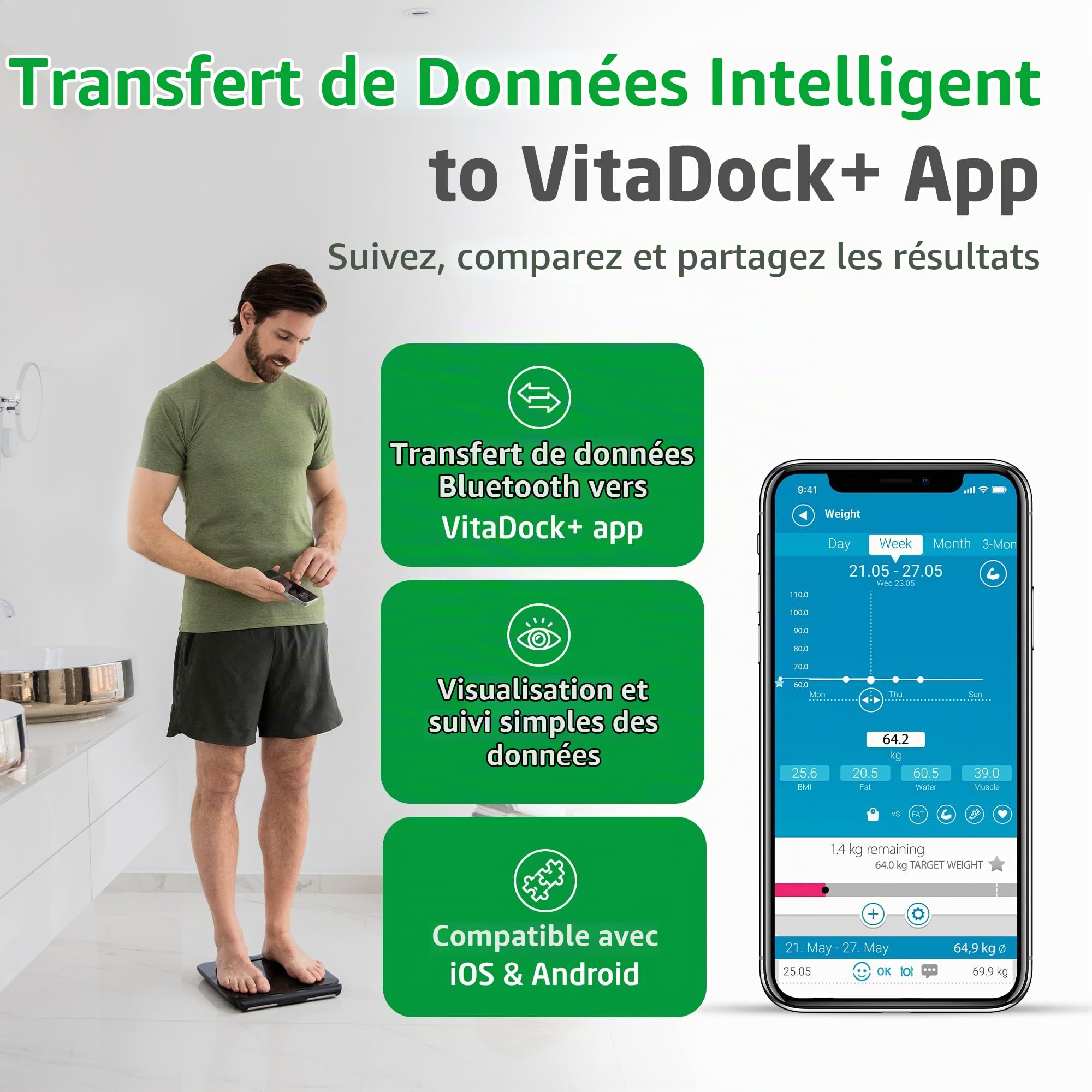 medisana BS 850 connect pese personne avec application connectée | balance connectée avec capteurs manuels, 8 électrodes, mesure du graisse corporelle, masse musculaire, pèse-personne