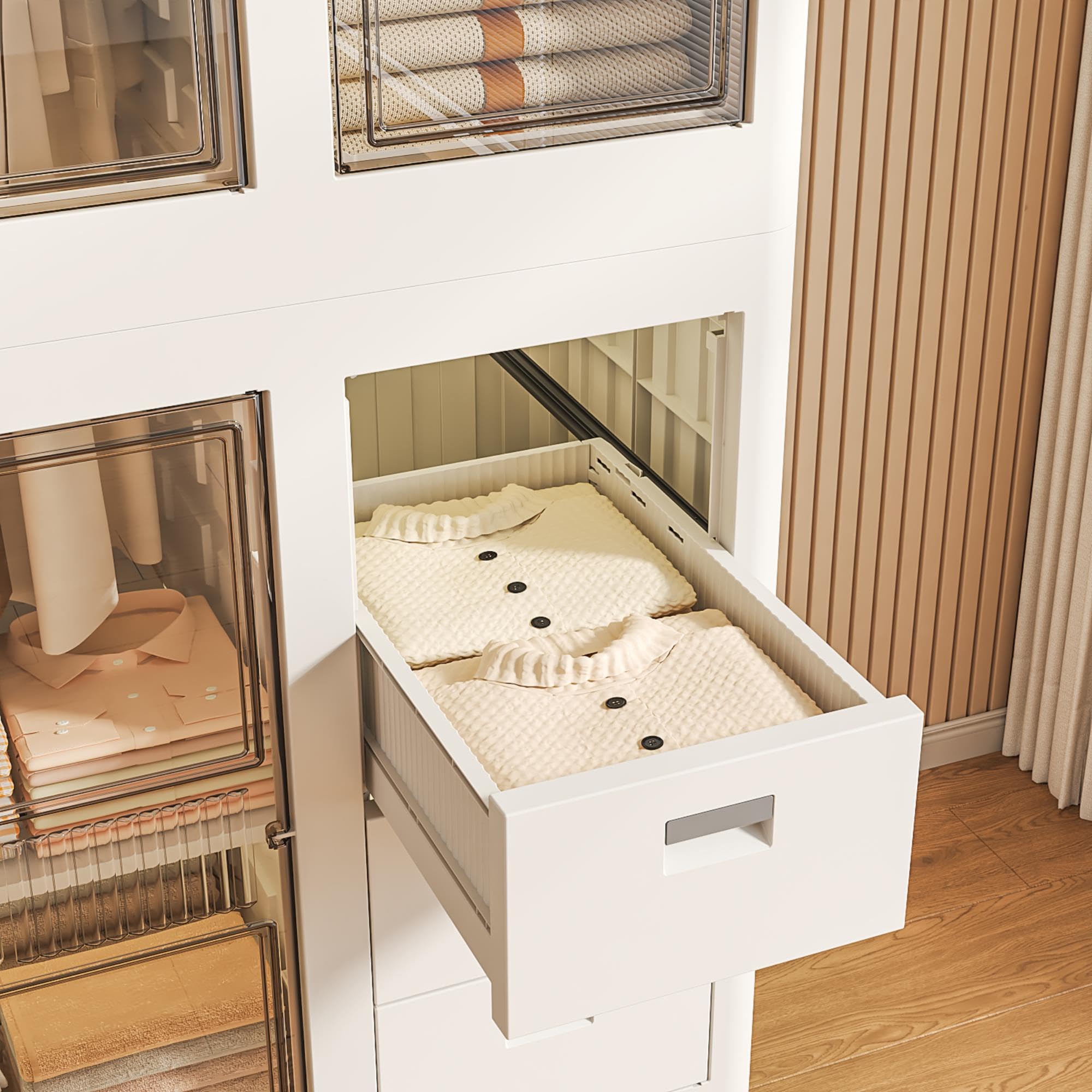 Well Home Cajas de almacenaje apilables con puerta frontal, Organizador modular plegable con ruedas, Modularidad eficiente, Multiespacios, Armario plegable con 2 Compartimentos y 2 Cajones