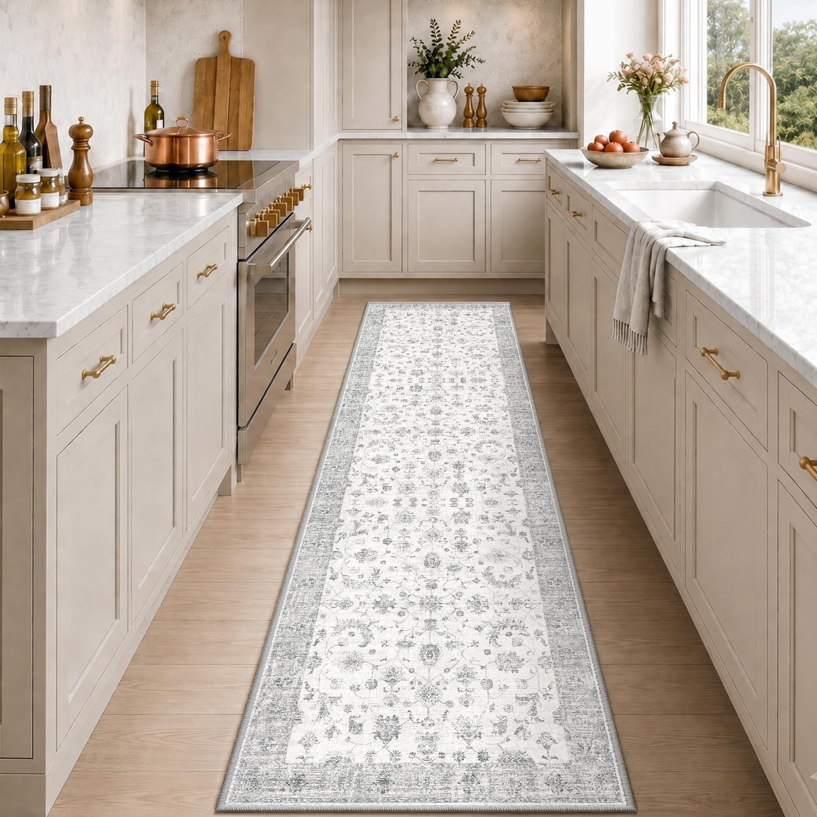 INOVADAY Washable Rug Vintage Boho 80x300 cm Grey/White Runner Rug — image 1