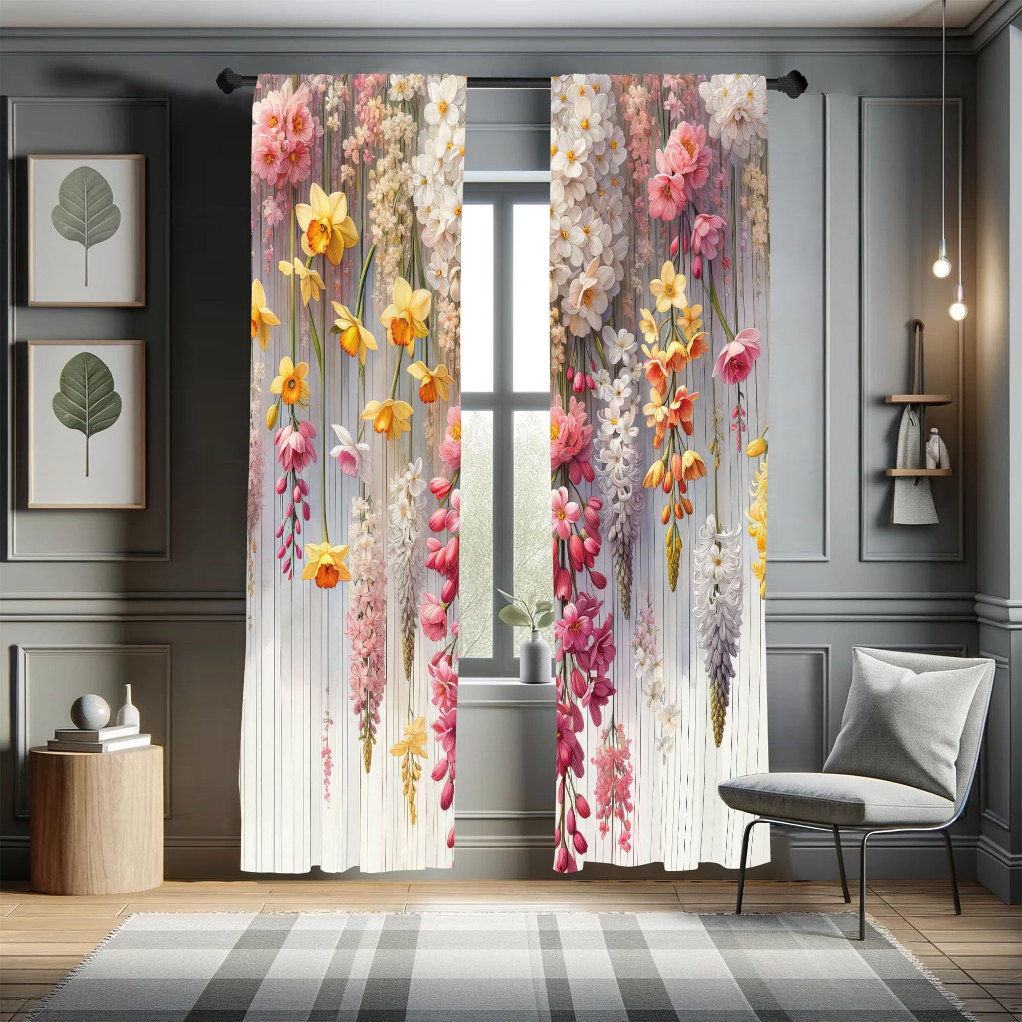 Ambesonne Spring Window Curtains, Farmhouse Dream Theme Lavenders Blooming Flowers with Abstract Stripes, Lightweight Decorative 2-Panel Set & Rod Pocket, Pair of - 28