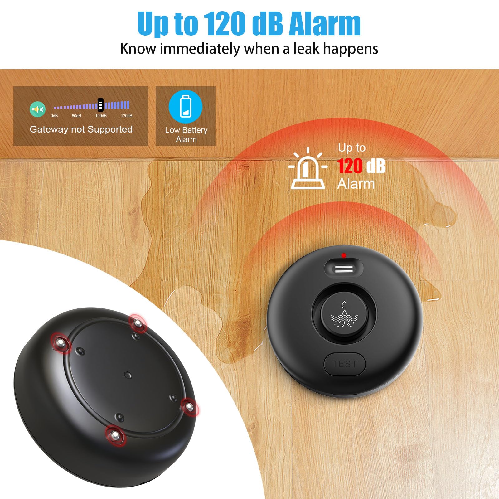 Paquete de 5 detectores de alarma de fugas de agua, sensor de agua de alerta fuerte de 120 dB, IP66 impermeable, alerta sensible de fugas y goteo, fácil instalación para el hogar, prevención de