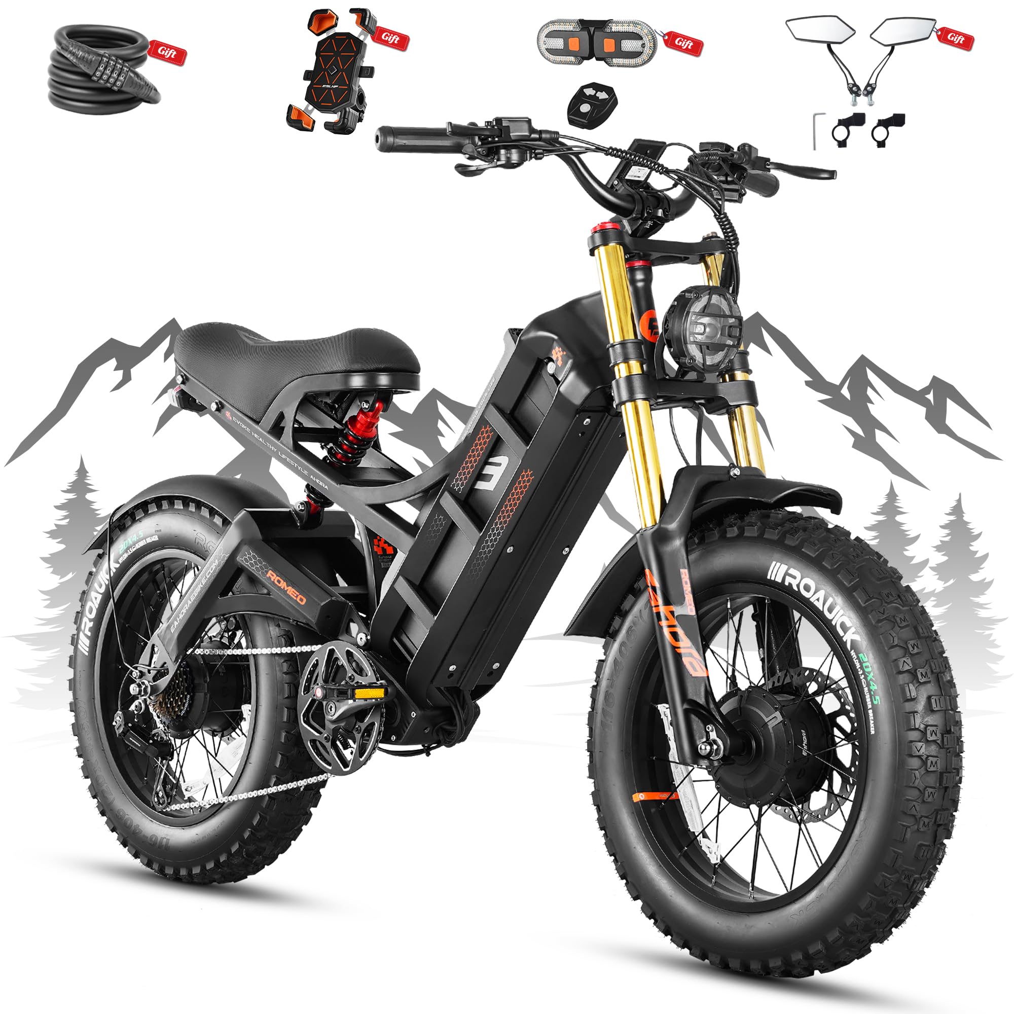 2026 eAhora Romeo Pro 3/2 52-46 Mph Electric Bike for Adults, 6000W/4000W/2500W Dual Motor Ebike 60V 80Ah/52V 70Ah Battery 235+Miles Long Range, 26*4.0"/20*4.5" Fat Tire, Full Suspension, All Terrain