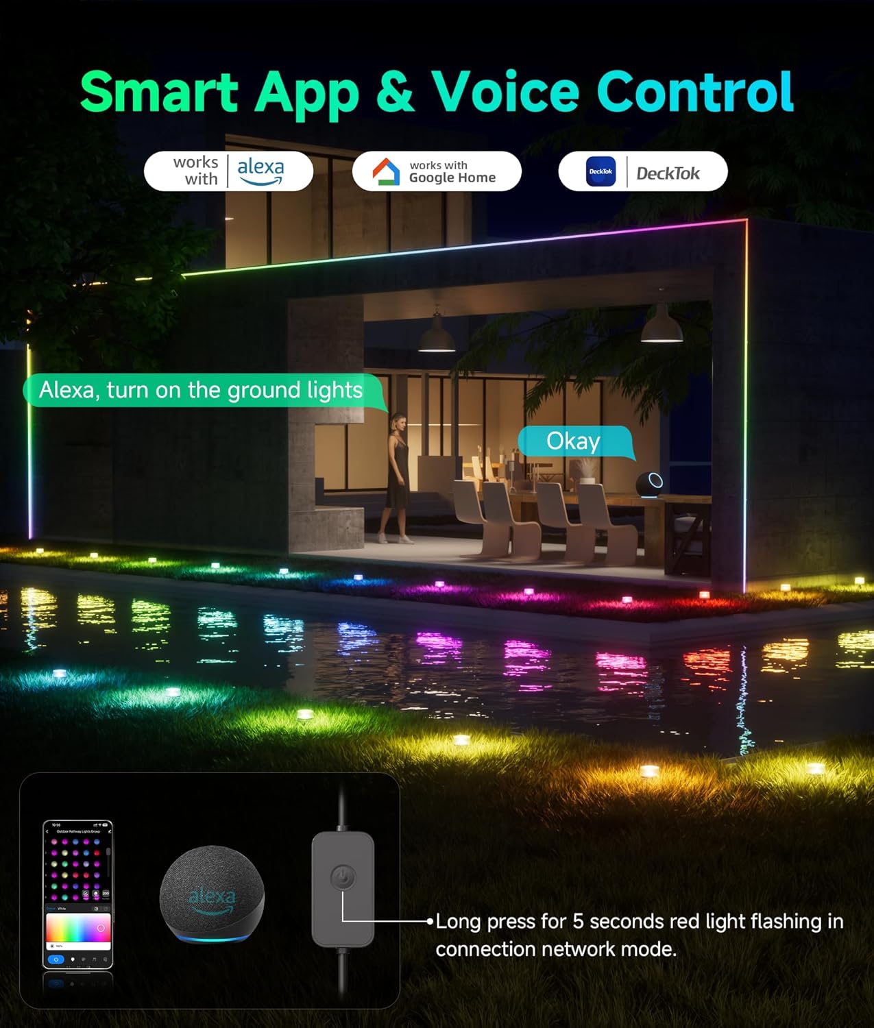 Outdoor Ground Lights, 50ft Smart RGBCW LED Pathway Lights Work with Alexa, Google Assistant, 15 Pack IP67 Waterproof Landscape Lighting for Path Yard Lawn Patio Pool Fence and Party Decor