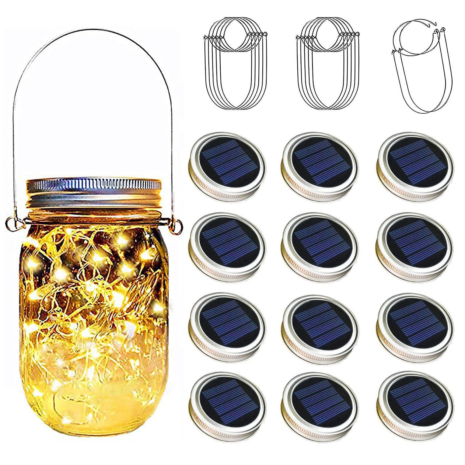 TecHong - 12 tapas de luz solar para tarros de masón, 30 luces LED colgantes de hadas, luciérnagas, impermeables, para exteriores, patio, porche, jardín, balcón, césped, decoración de pared (no
