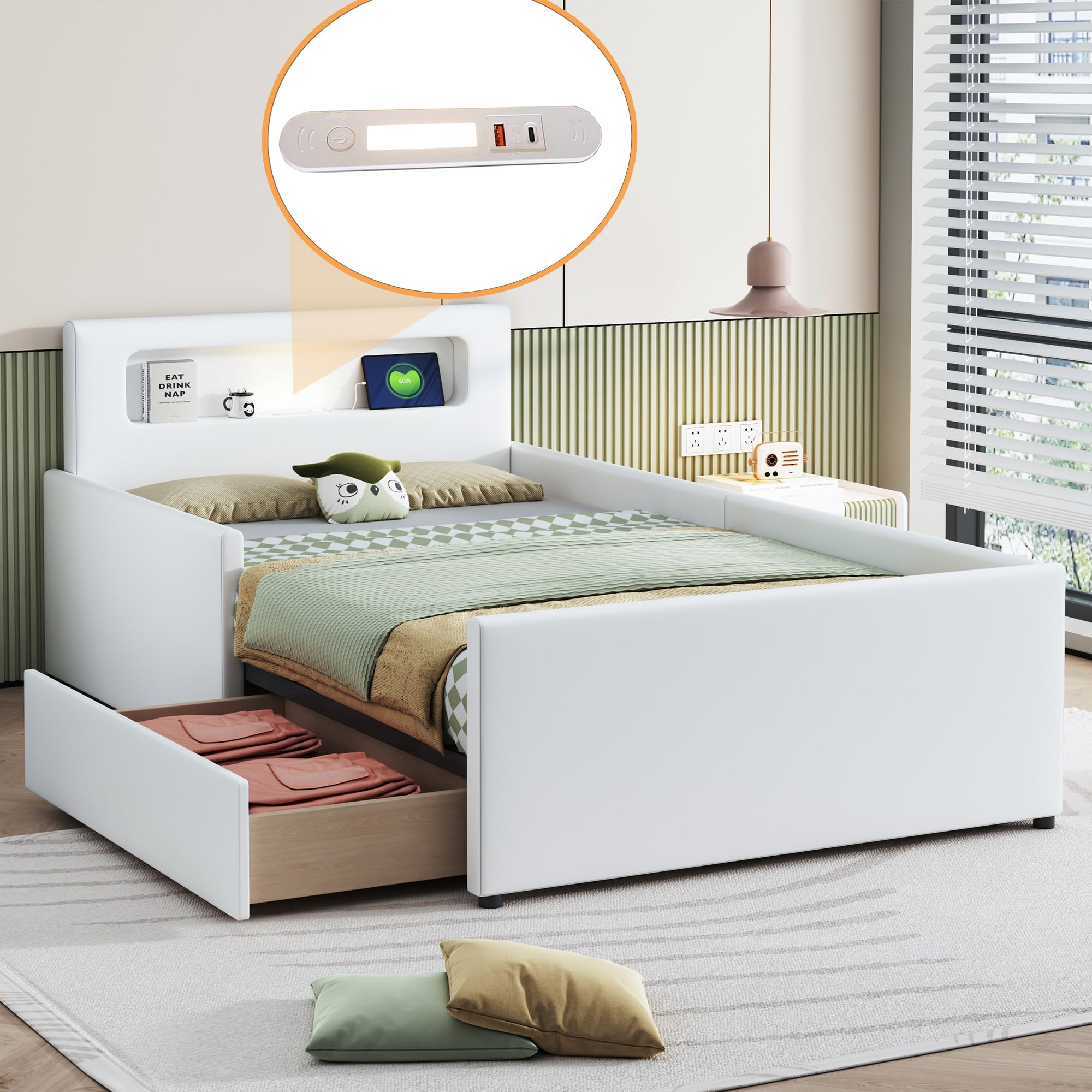 Lettino imbottito per bambini, con luce notturna e porta di ricarica USB, con scomparti, pannelli laterali rialzati per la sicurezza, semplice letto singolo, letto per ragazzi e ragazze, tessuto in