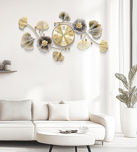 Miniatura 5 de Relojes de pared para decoración de sala de estar, reloj de pared grande, diseño creativo 3D de hoja de ginkgo de metal, con movimiento silencioso,