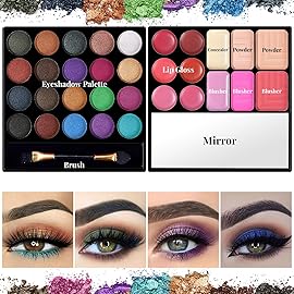 Makeup Set for Women Full Kit - 32 Colors Makeup Palette,5pcs Brushes Set, Mascara & Stamp Liquid Eyeliner, Eyebrow Pen, 2pcs Matte Liquid Lipsticks, 2 Powder Puff, 1 Cosmetic Bag Makeup Gift Set
