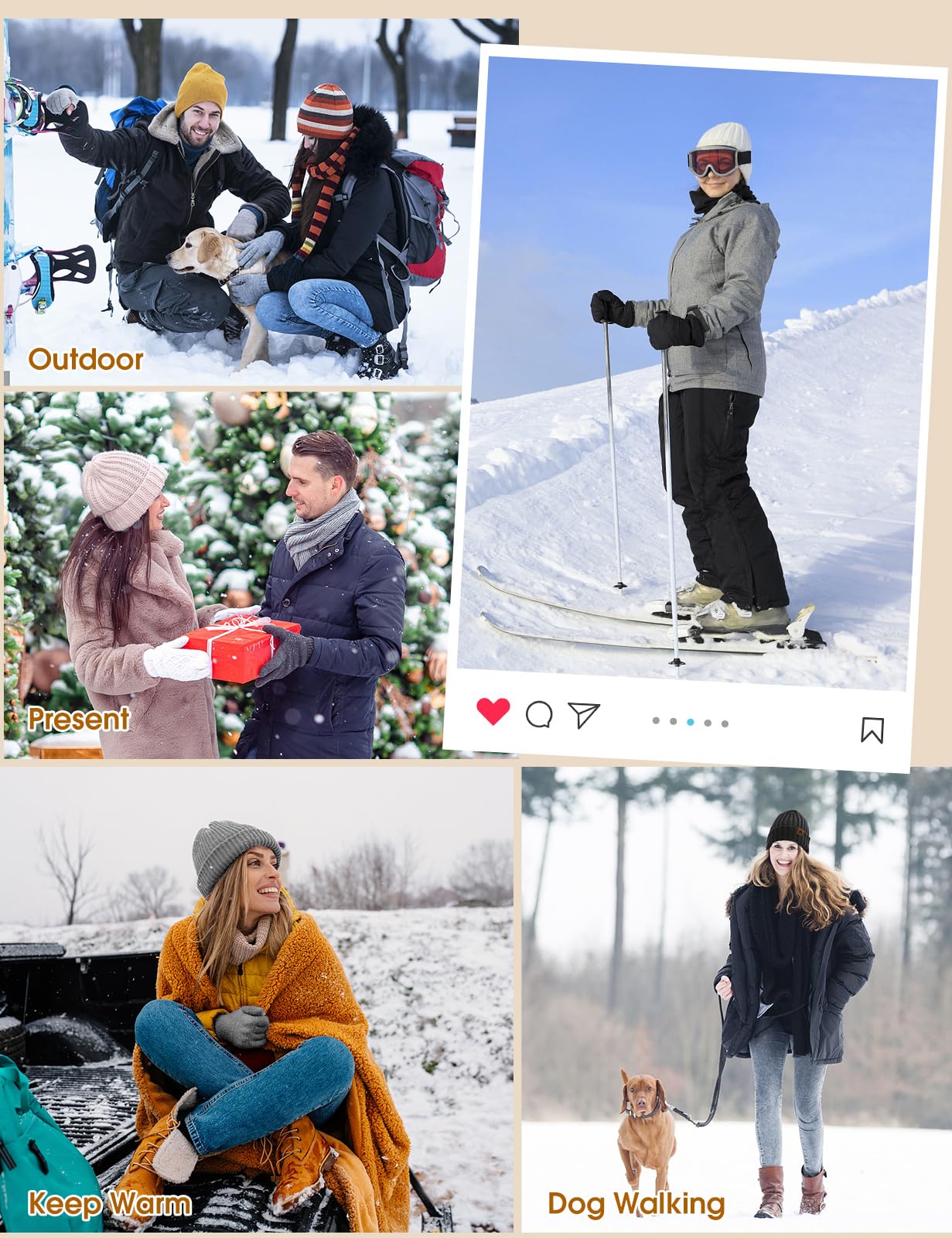 5pcs Ensemble Hiver Femme 5 en 1 Bonnet Echarpe Gant Tricoté Chaud Écharpe de Doublure Polaire Gants d'écran Cache-Oreilles Chaussettes Thermiques Pour Ski Sports Extérieur