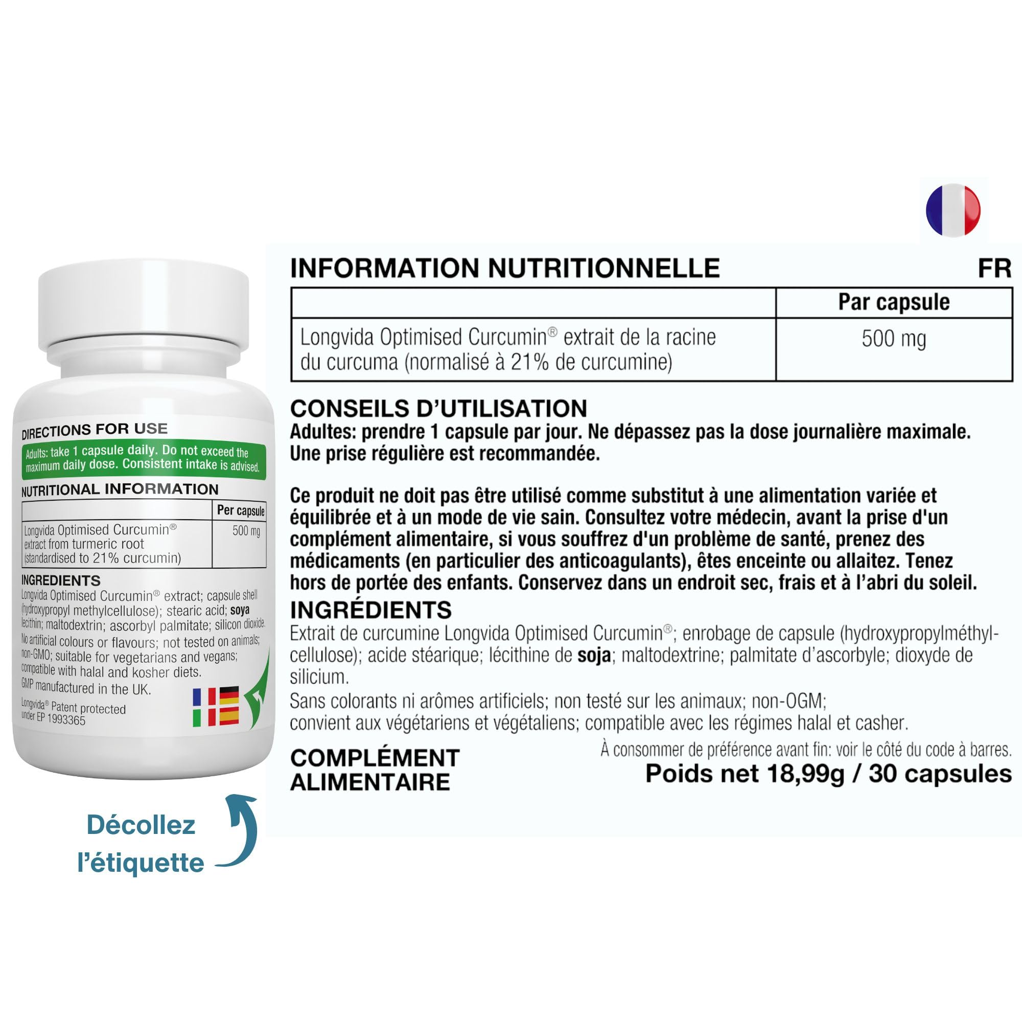 Igennus Longvida Curcumine Lipidée 500 mg, Ultra biodisponible & Action prolongée, 65x plus de concentration plasmatique, Soutien intensif, Curcumine libre, Végan, 30 capsules