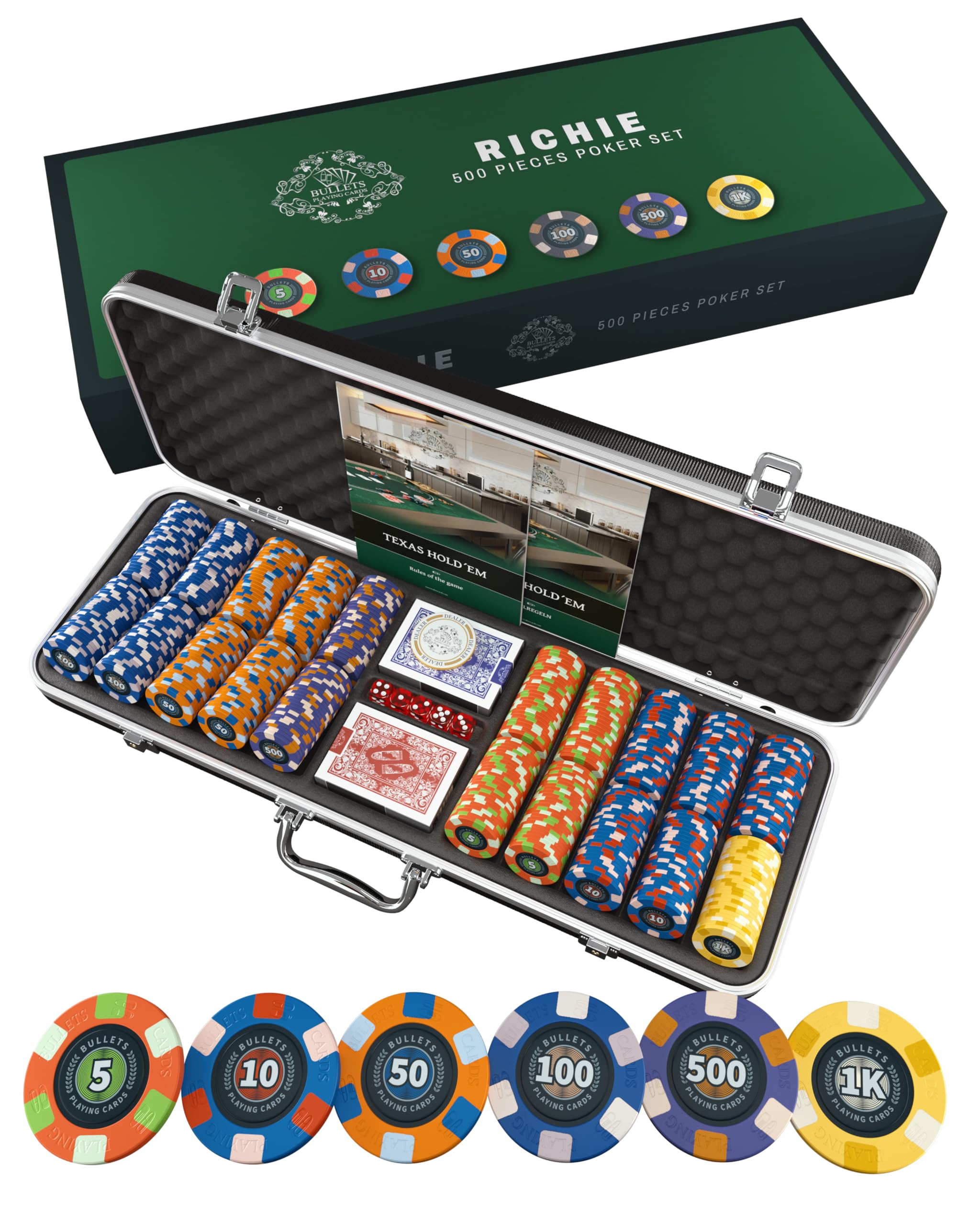 Bullets Playing Cards, Valigetta da poker Richie, Set da poker, con 500 chip da poker in ceramica con valori stampati, con pulsante in ceramica, confezione doppia di carte da poker
