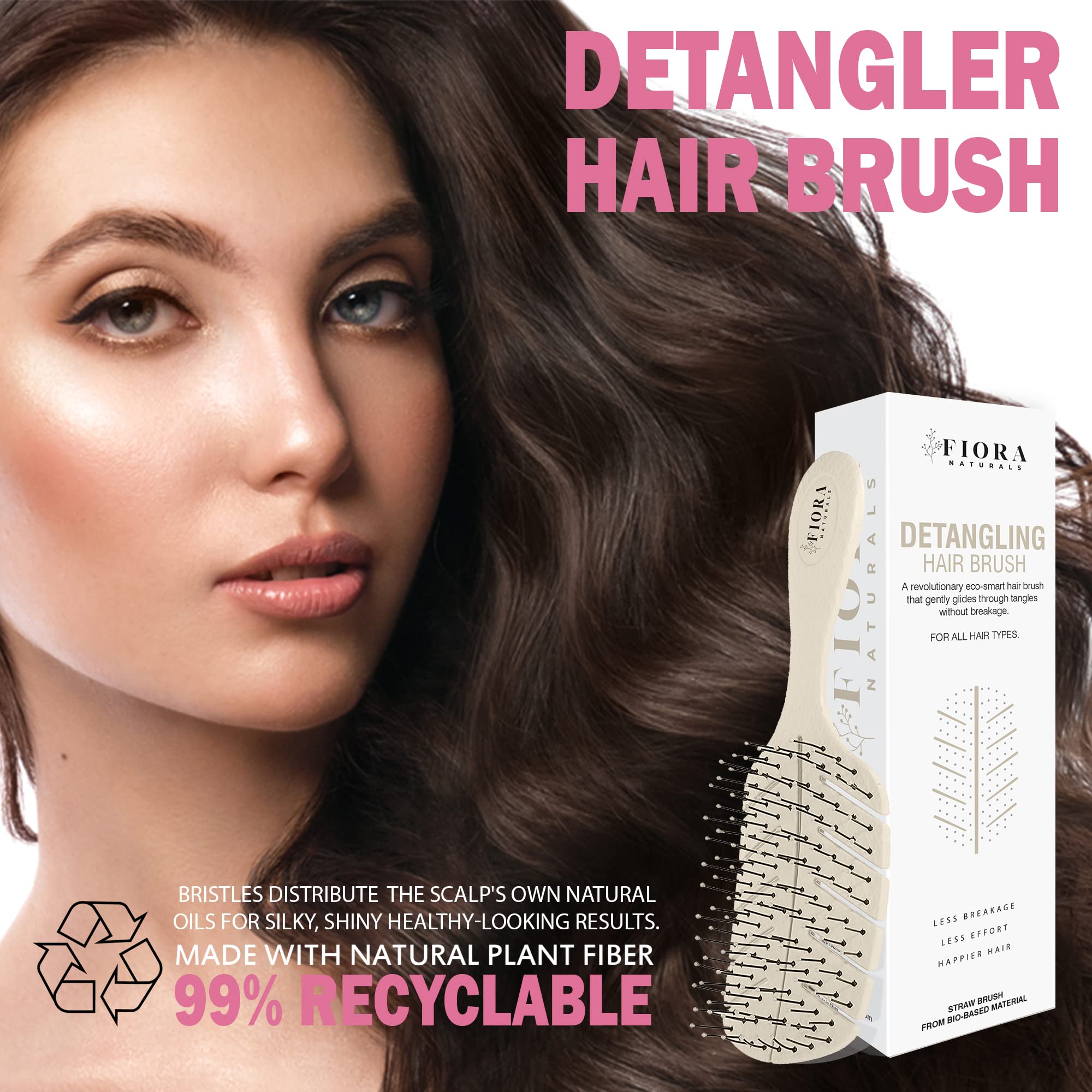 Fiora Naturals - Cepillo desenredante 100% ecológico con cerdas ultrasuaves, se desliza a través de los enredos con facilidad, para cabello rizado, fino, negro natural, mujeres, hombres, niños, seco