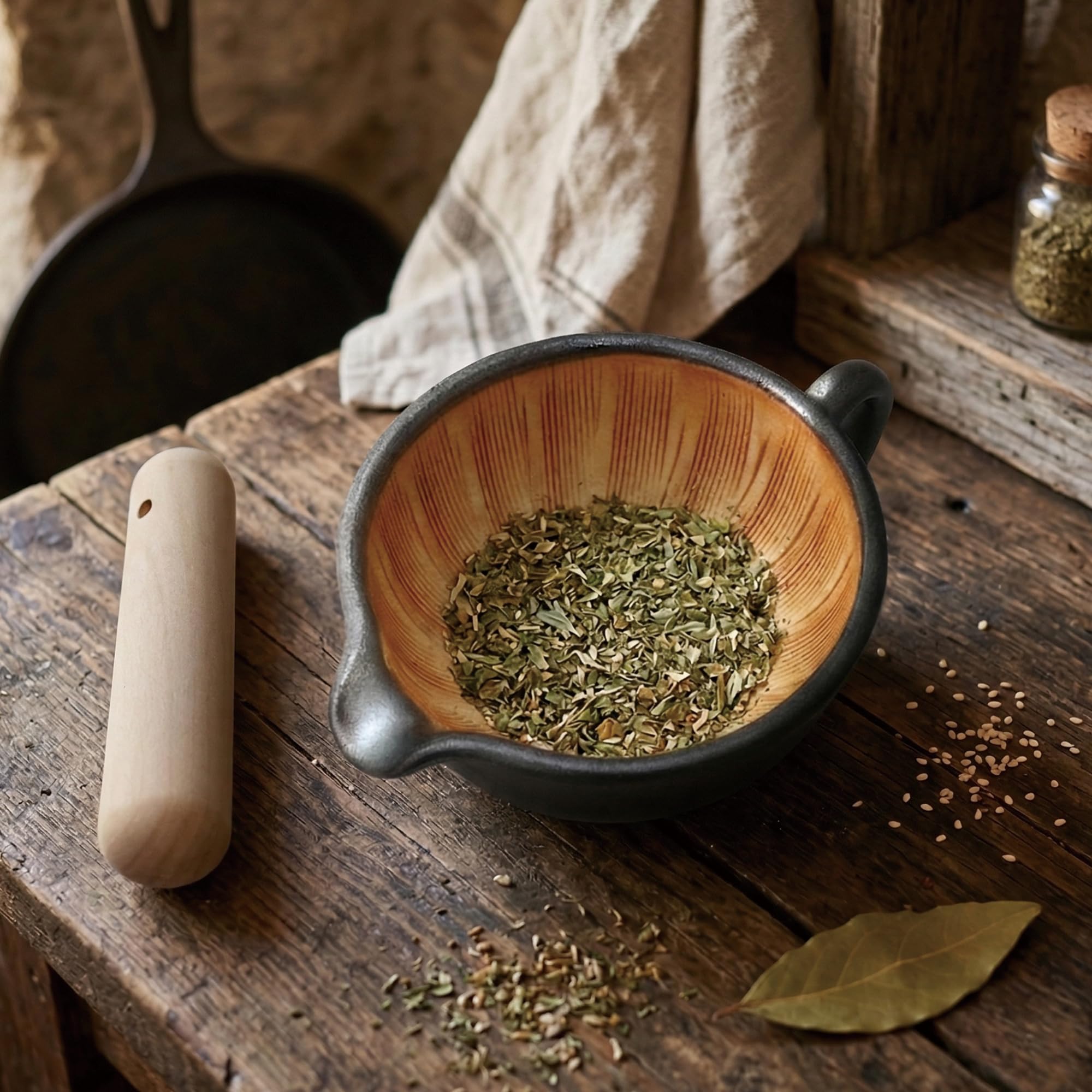 SASUGA Juego de mortero y mortero japonés Suribachi, cuenco de molienda tradicional de cerámica con mortero de madera para salsas, sésamo, especias y hierbas (negro)