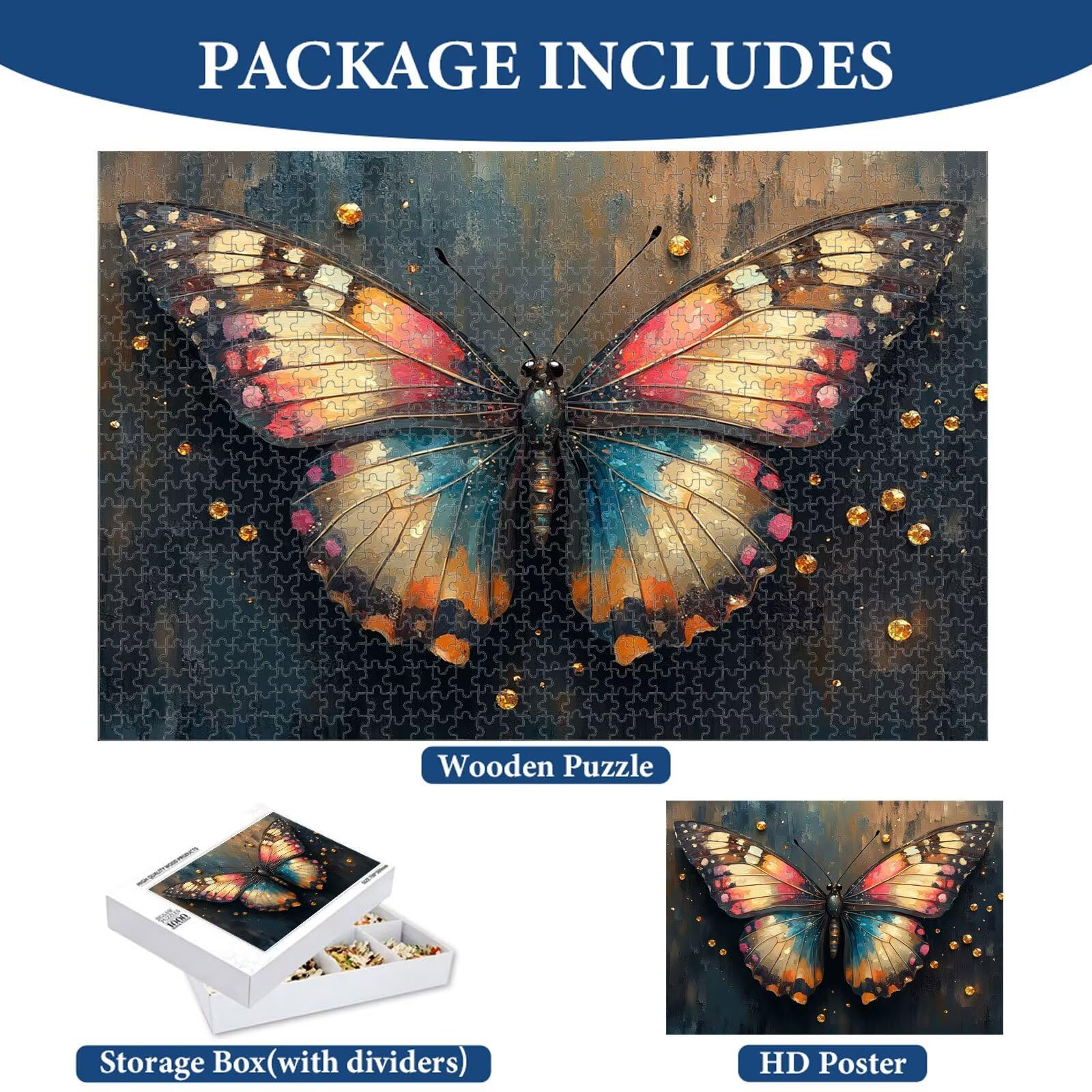 Puzzle 1000 Teile für Erwachsene, Schmetterling & Farbe Holzpuzzle, 1T#735