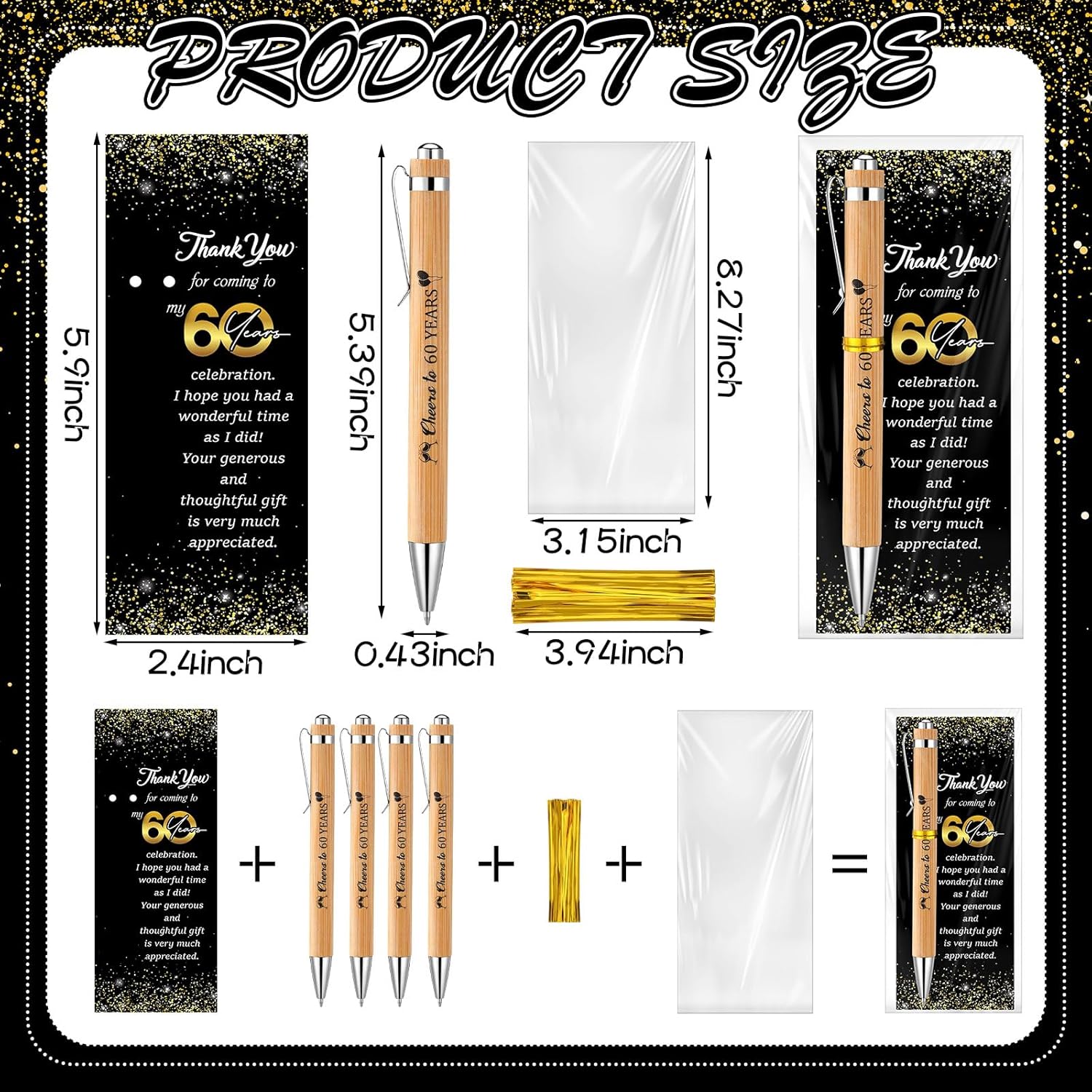 Sayglossy 50 Sets 60th Birthday for Guests Anniversary Include 50 Ballpoint Pens with 50 Thank You Cards 100 Bags and Twist Ties for Anniversary Birthday Wedding Shower