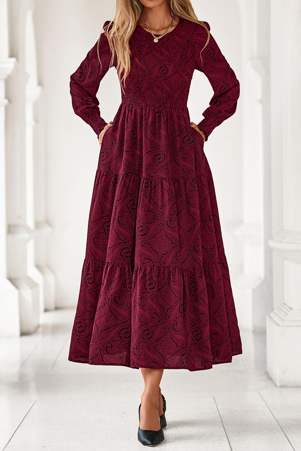 dowerme Maxi Dresses for Women 2026 Long Sleeve Floral Smocked A Line Polka Dot Flowy Boho Vacation Dress Spring Clothes - Image 7