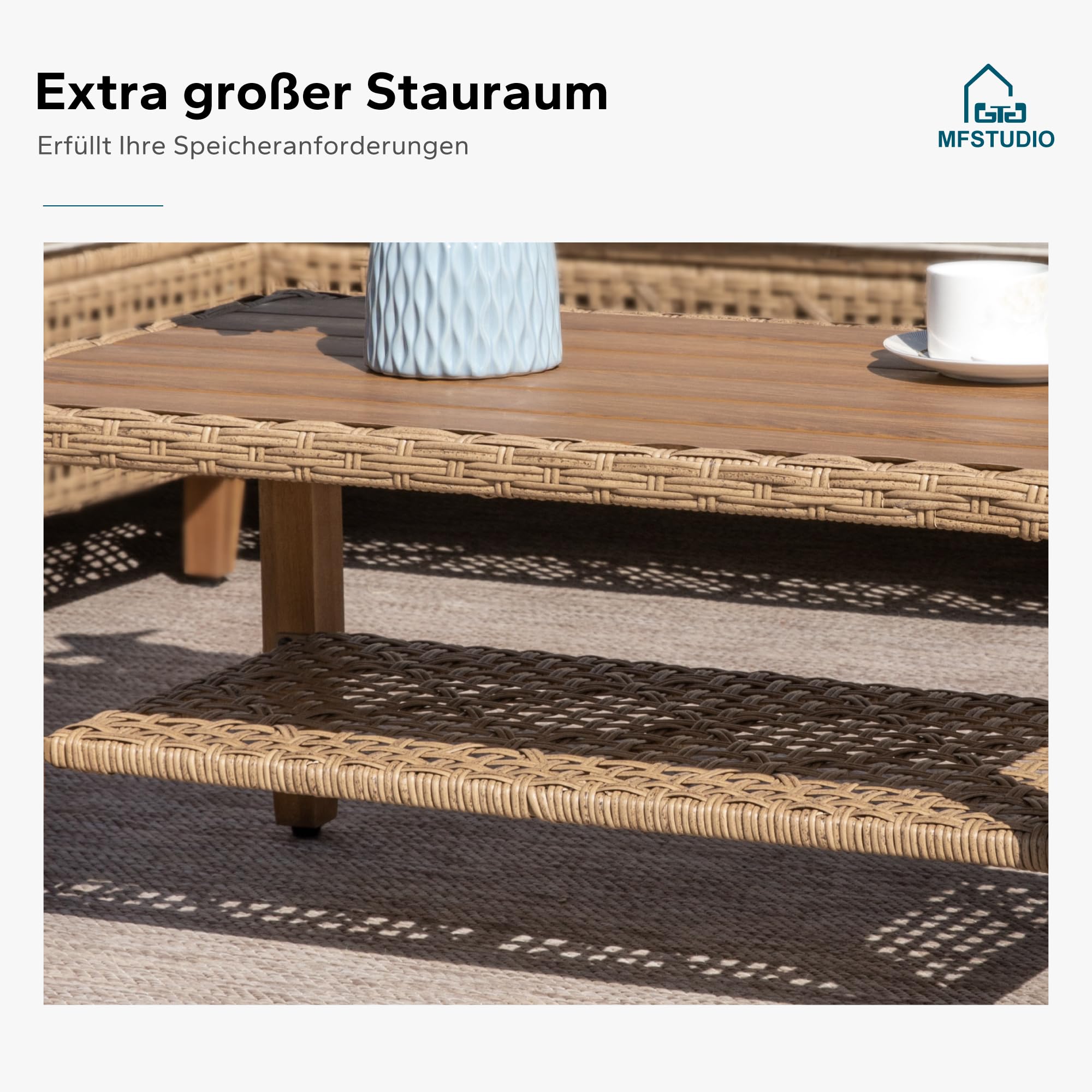 MFSTUDIO 5-teiliges Rattan Gartenmöbel Set mit Outdoor-Couchtisch, Wicker Lounge Corner Sofa Set, Doppel-Couchtisch für zusätzlichen Stauraum, mehrere Querbalken