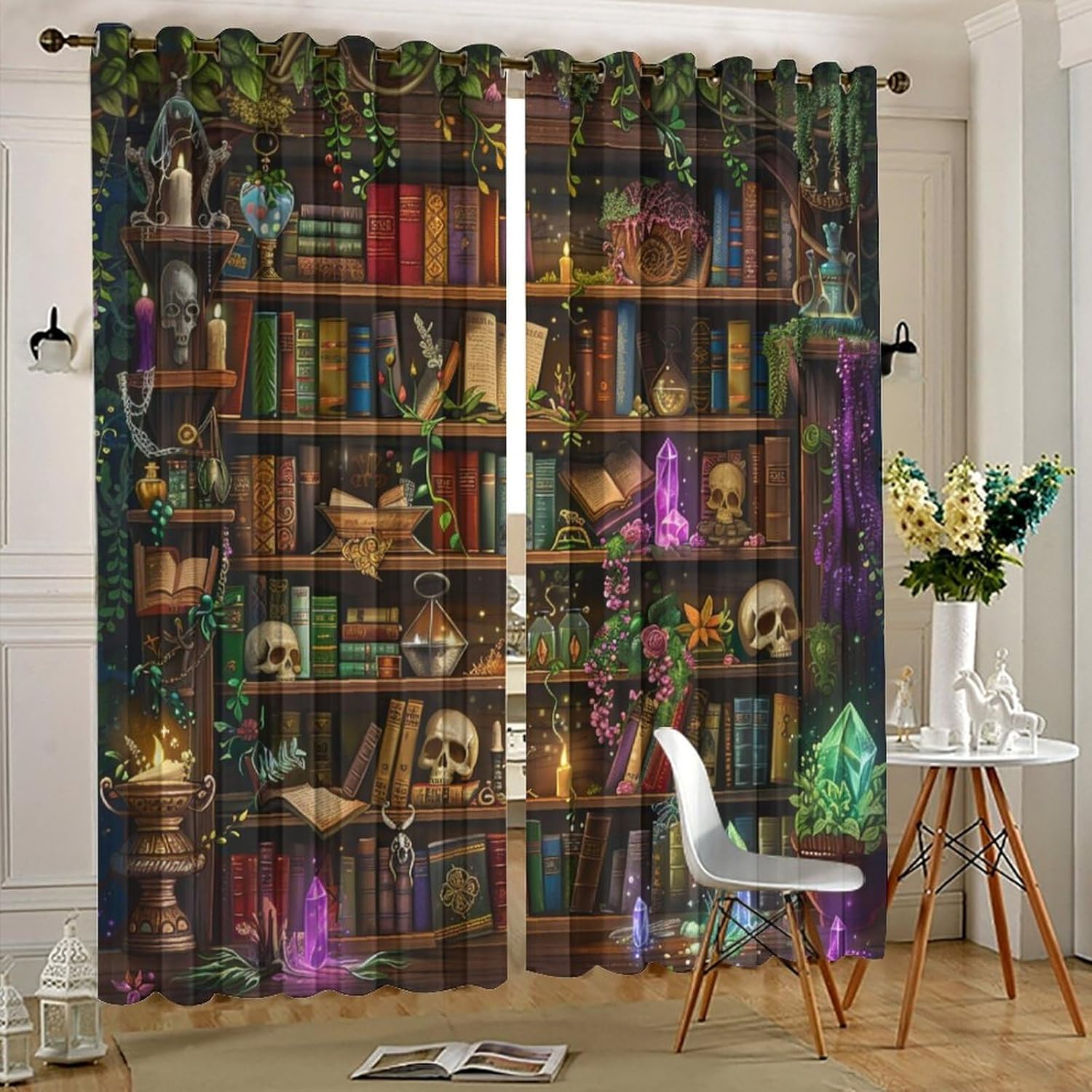 Vintage Classic Library Grommet Blackout Curtains for Bedroom, Crystal Bookshelf Fantasy Thermal Insulated Curtains Room Darkening Window Drapes, 36W x 63L, 2 Panels
