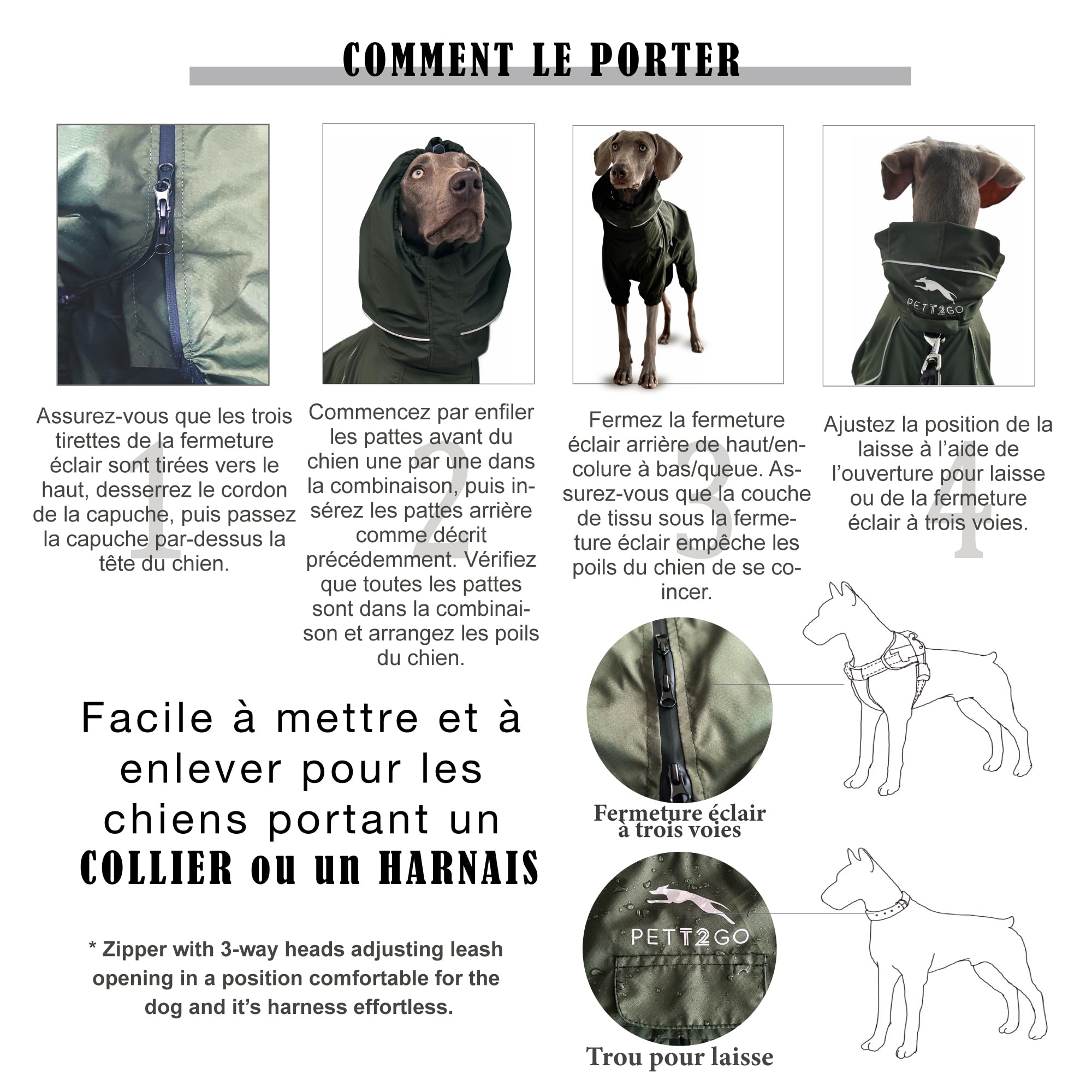 Coupe-Vent Léger pour Chien, Manteau avec Jambes, à Capuche, Trou pour Laisse, Réfléchissant, Compactable - Olive Foncé- XLarge(Mâle)