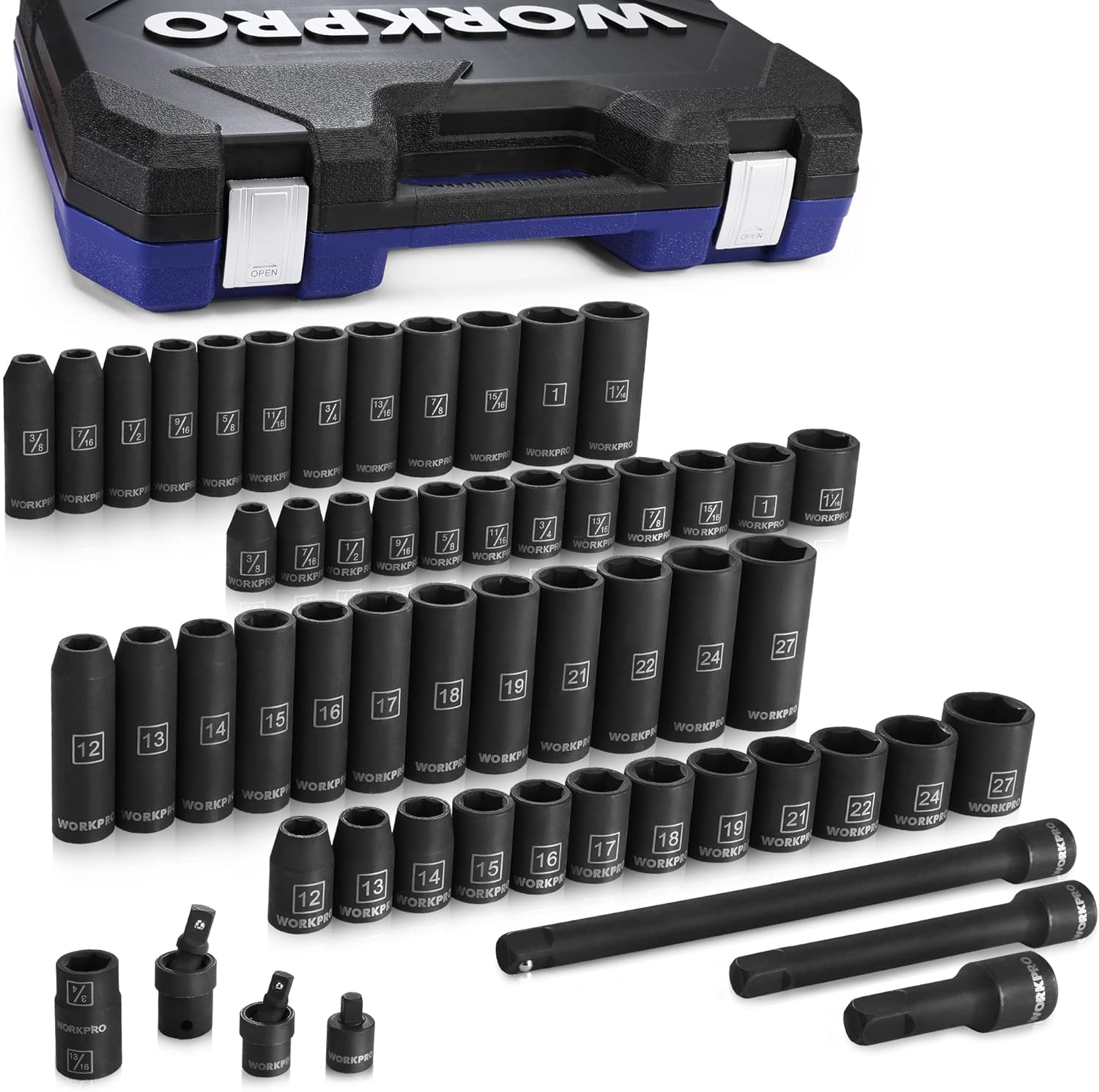 WORKPRO 1/2" Drive Impact Socket Set with Extension Bars, Premium Cr-V Steel, Complete 55-Piece, SAE and Metric Sockets with Enhanced Storage Case