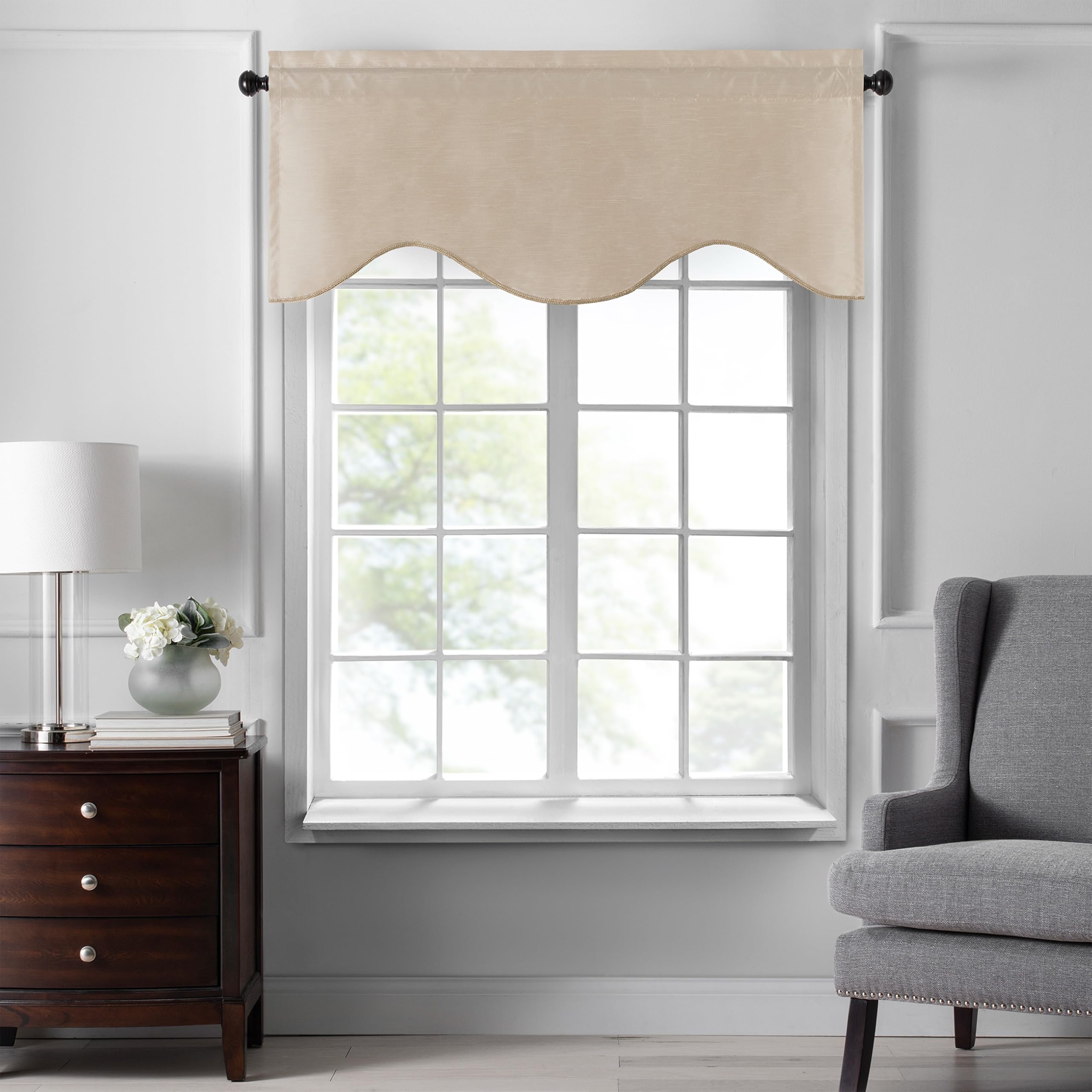 Elrene Home Fashions Colette Faux-Silk Scalloped Window Valance, 50 in x 21 in (Scalloped Valance), Taupe
