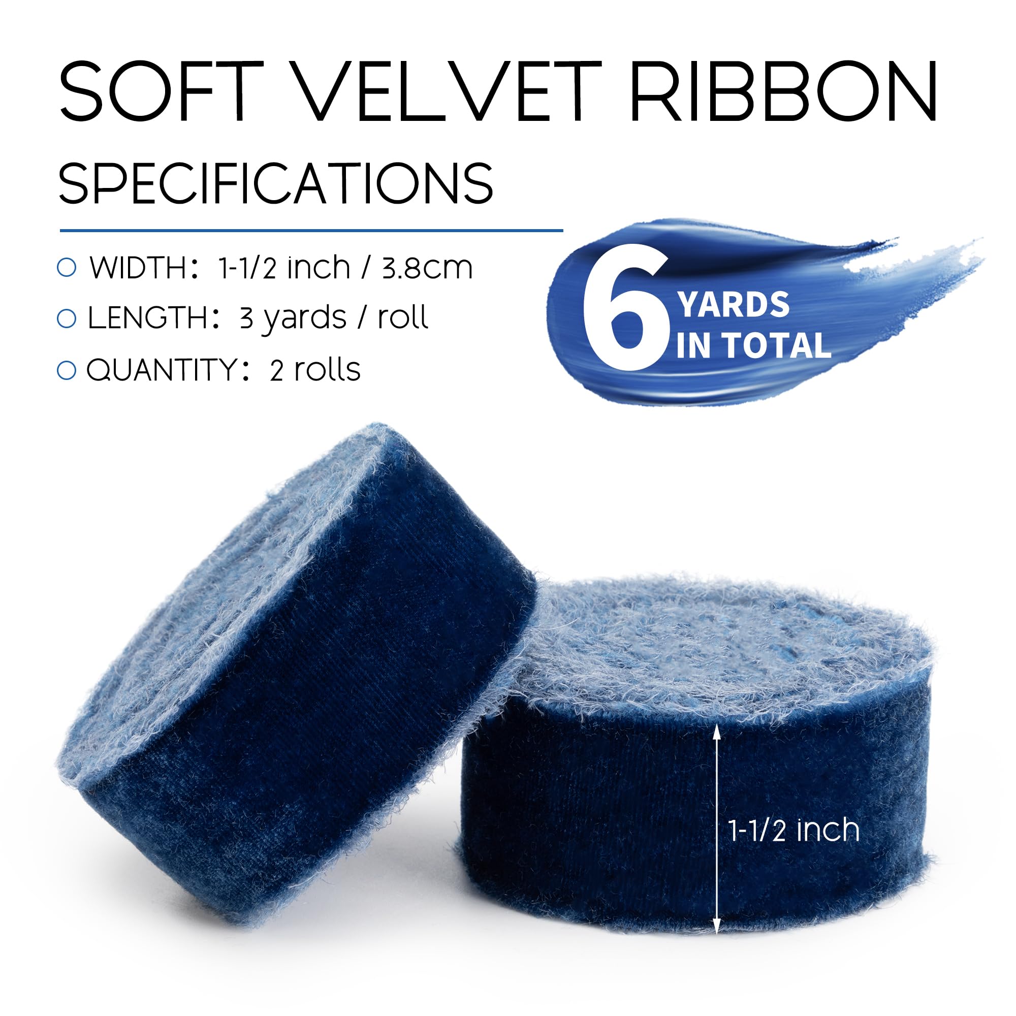 Keypan Blue Velvet Ribbon 1-1/2 Inch x 6 Yd Handmade Frayed Vintage Ribbons for Christmas Tree Home Decor Wreath Craft Ornaments Gift Wrapping