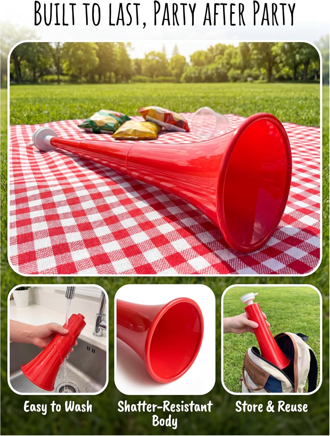 4 Pack Vuvuzela Stadium Horn Extendable, 24 Inch Large Loud Plastic Cheer Noise Maker Blow Horn for Football Soccer Game Day, Tailgate Party, Carnival & Sporting Events, Red