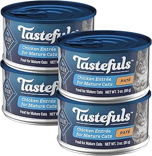 Blue Buffalo Tastefuls - Alimento húmedo para gatos adultos maduros mayores de 7 años, hecho con ingredientes naturales, paté de pollo, latas de 3 onzas, paquete de 4 unidades de tamaño de prueba
