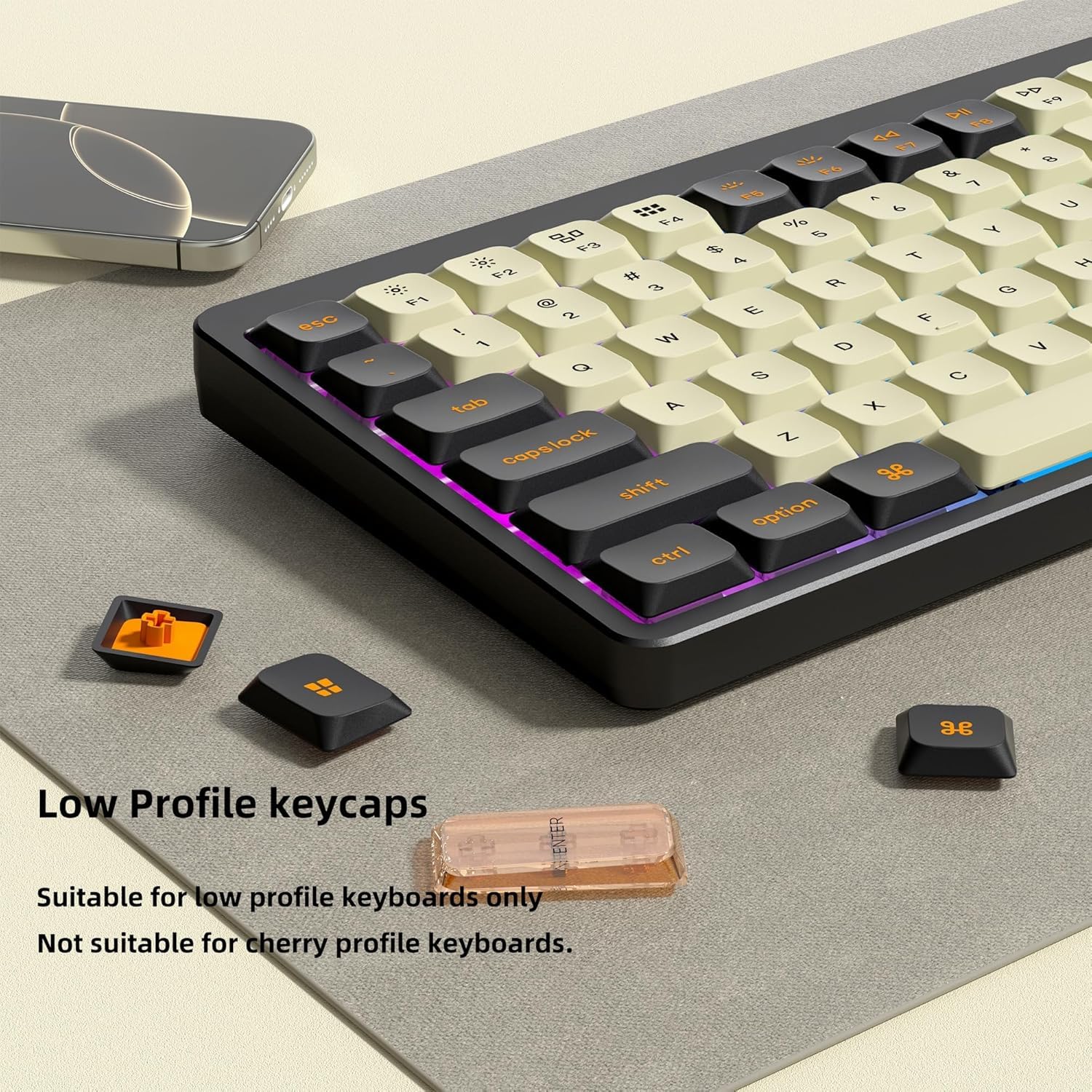 Niskoprofilowe nakładki na klawisze Double Shot PBT 60, 75, 100%, przezroczyste nakładki na klawiaturę PC, beżowe/ciemnoczarne/pomarańczowe, do większości przełączników MX mechaniczna klawiatura