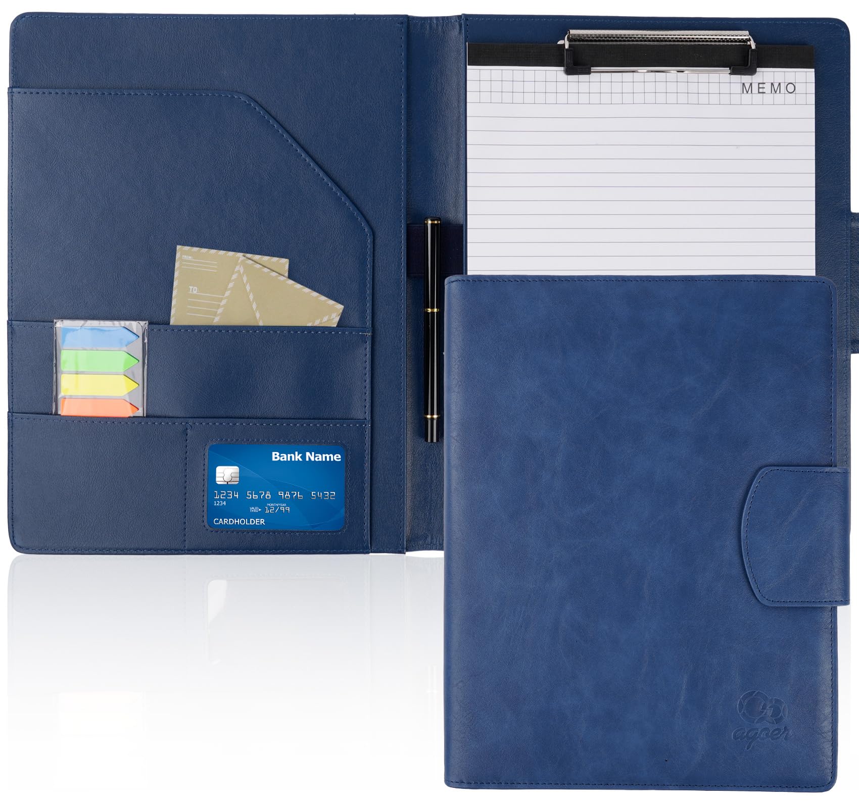 NOTEZMATE A4 Schreibmappe, Klemmbrett A4 mit Deckel, PU-Leder Konferenzmappe DIN-A4 mit Magnetverschluss, Notizblock, Stift & Fächern für Büro, Schule, Meeting & Geschäftsreise im Vintage Blau