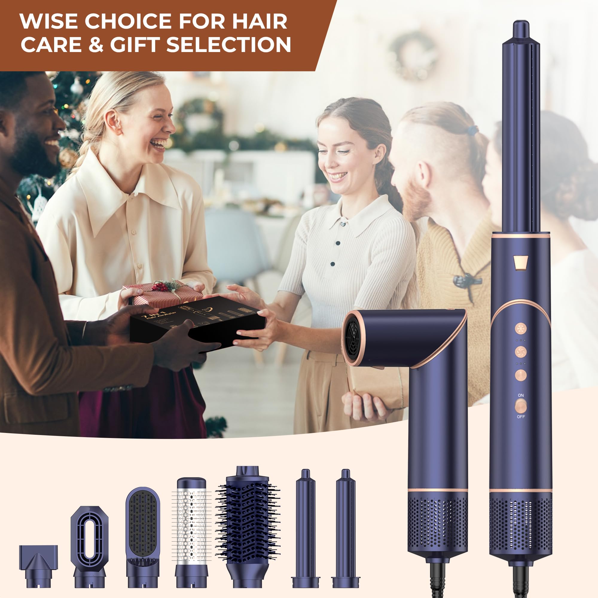 Asciugacapelli Ionico Professionale 7 in 1 [110,000 RPM] Set Styling Capelli con Spazzola Arricciacapelli ad Aria Automatica, Pettine Lisciante e Accessori, 3 Livelli Temperatura e Velocità, Blu