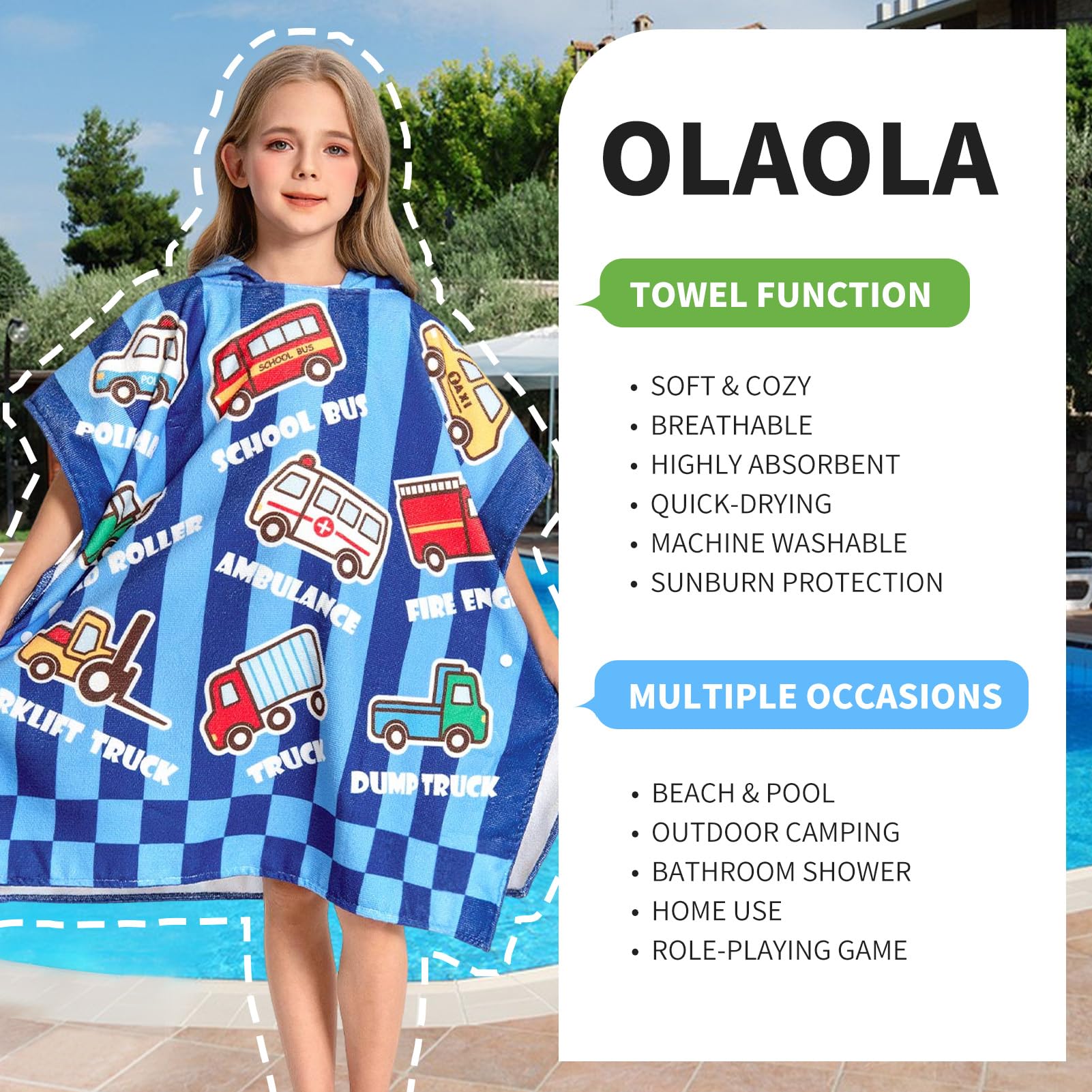 OLAOLA Kids Poncho Towel Hooded Beach Changing Robe Children Absorbent Bath Towels Swimming Wrap for Boys Girls 3-12 Years, Car - Image 4
