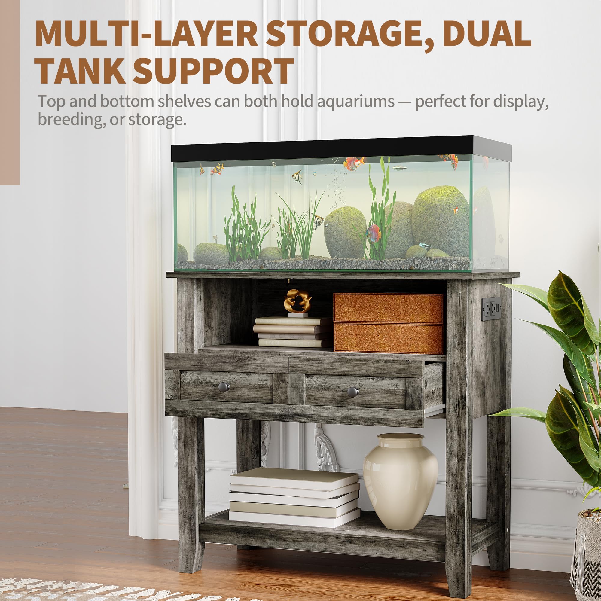 Aquariummöbel für 20 bis 29 Gallonen mit Ladestation – robuster Ständer 300 kg – offene Schubladen und Regale – Ständer für Wohnzimmer – Farbe Grau