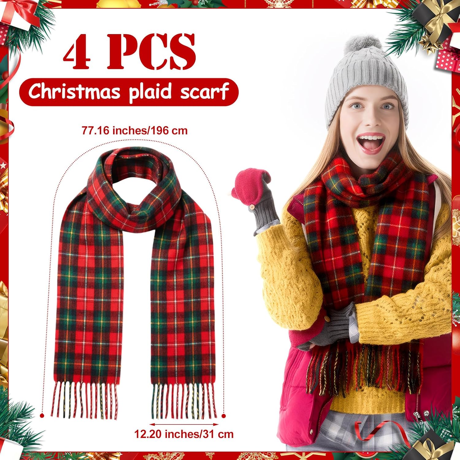 4, 8, 12 Pcs Christmas Plaid Scarfs Bulk Scottish Tartan Plaid Luxurious Winter Checked Scarfs for Women Men Gifts - Image 3